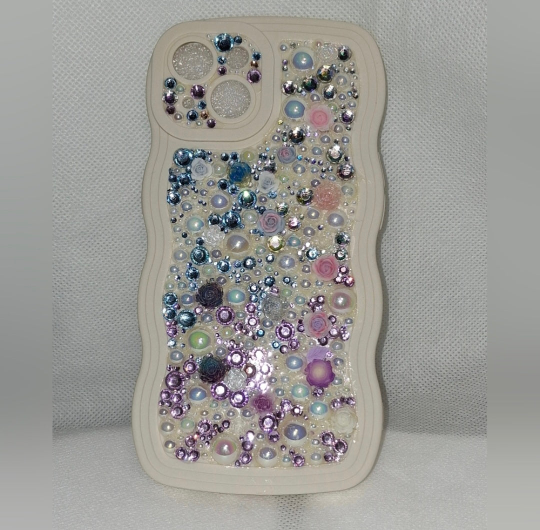 Iphone 14 Handmade Decoden Phone Case | "Pearl Crush" Wavy Bling Case for