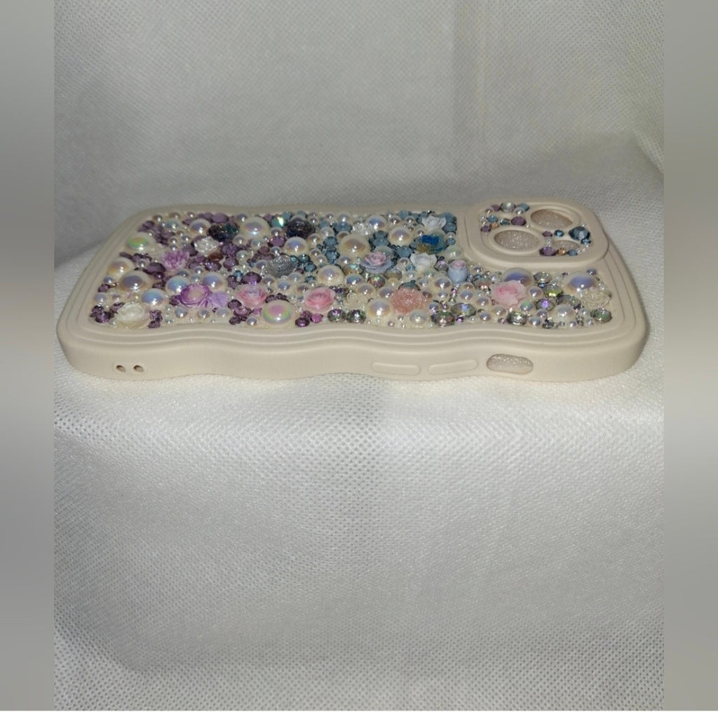 Iphone 14 Handmade Decoden Phone Case | "Pearl Crush" Wavy Bling Case for
