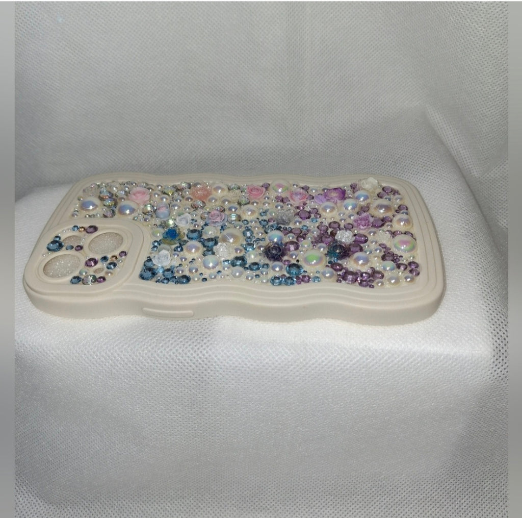 Iphone 14 Handmade Decoden Phone Case | "Pearl Crush" Wavy Bling Case for
