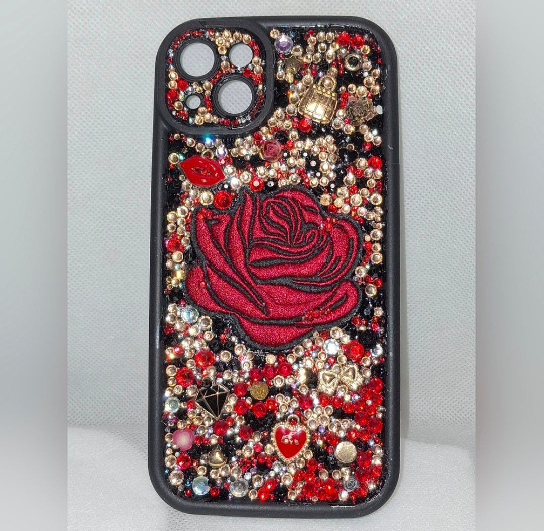 Iphone 15 plus Sparkling " Red Rose"  Decoden Phone Case
