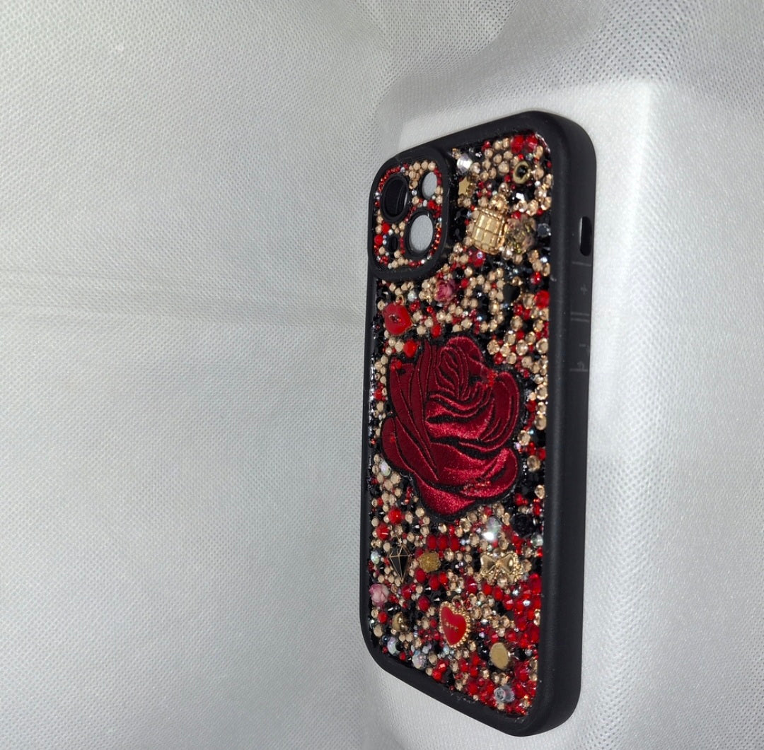 Iphone 15 plus Sparkling " Red Rose"  Decoden Phone Case