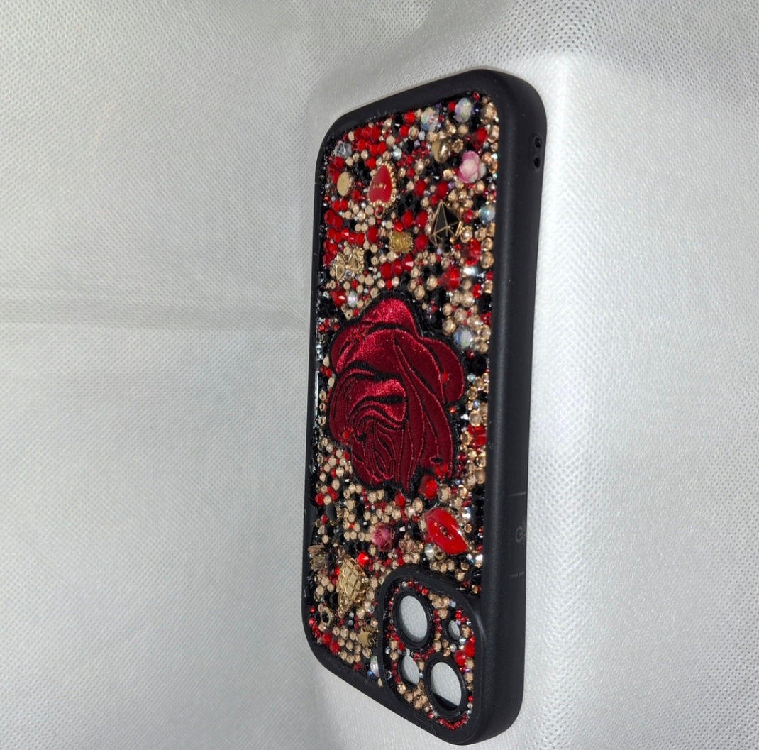 Iphone 15 plus Sparkling " Red Rose"  Decoden Phone Case