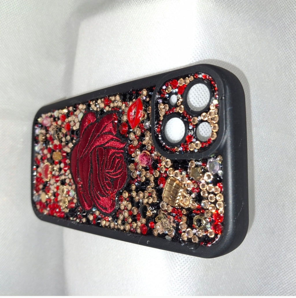 Iphone 15 plus Sparkling " Red Rose"  Decoden Phone Case