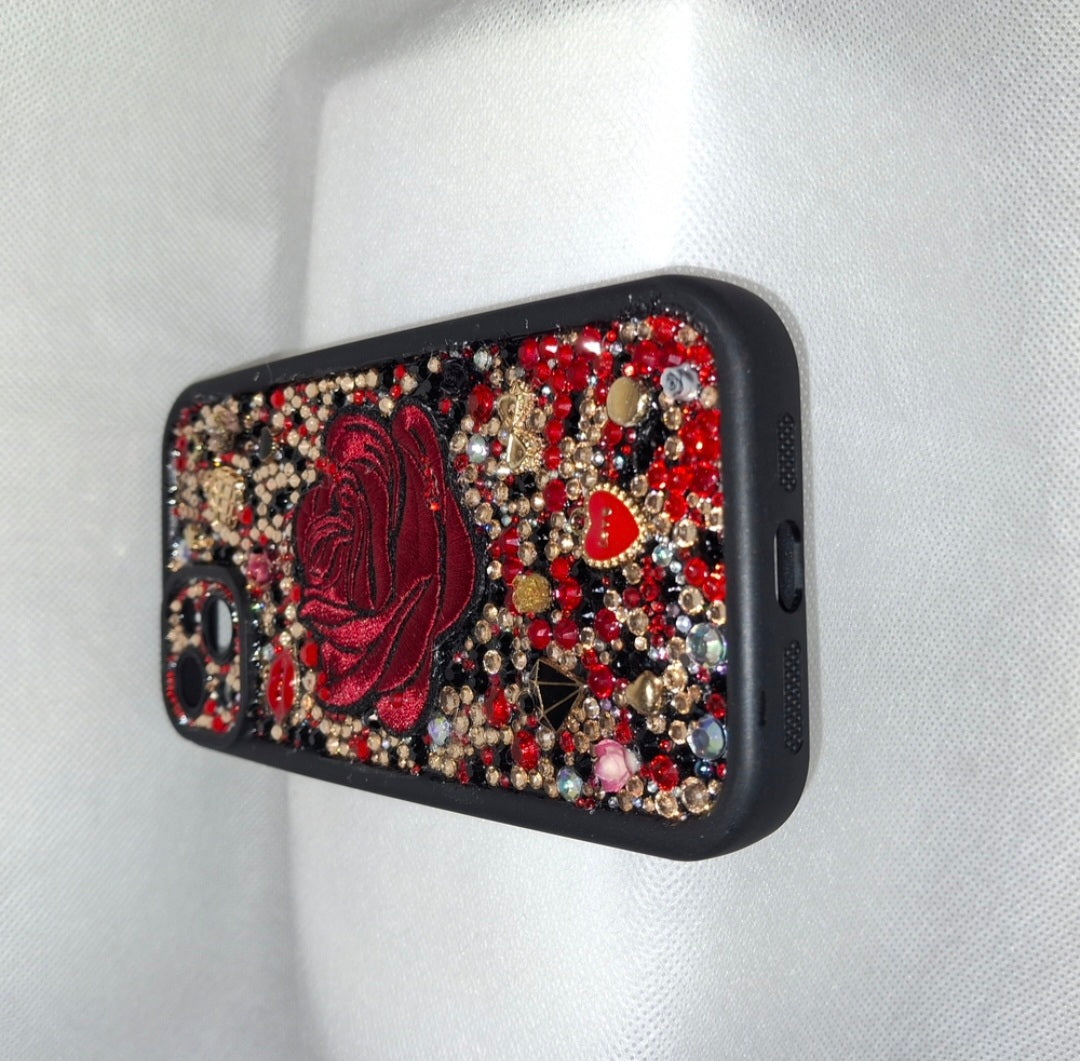 Iphone 15 plus Sparkling " Red Rose"  Decoden Phone Case