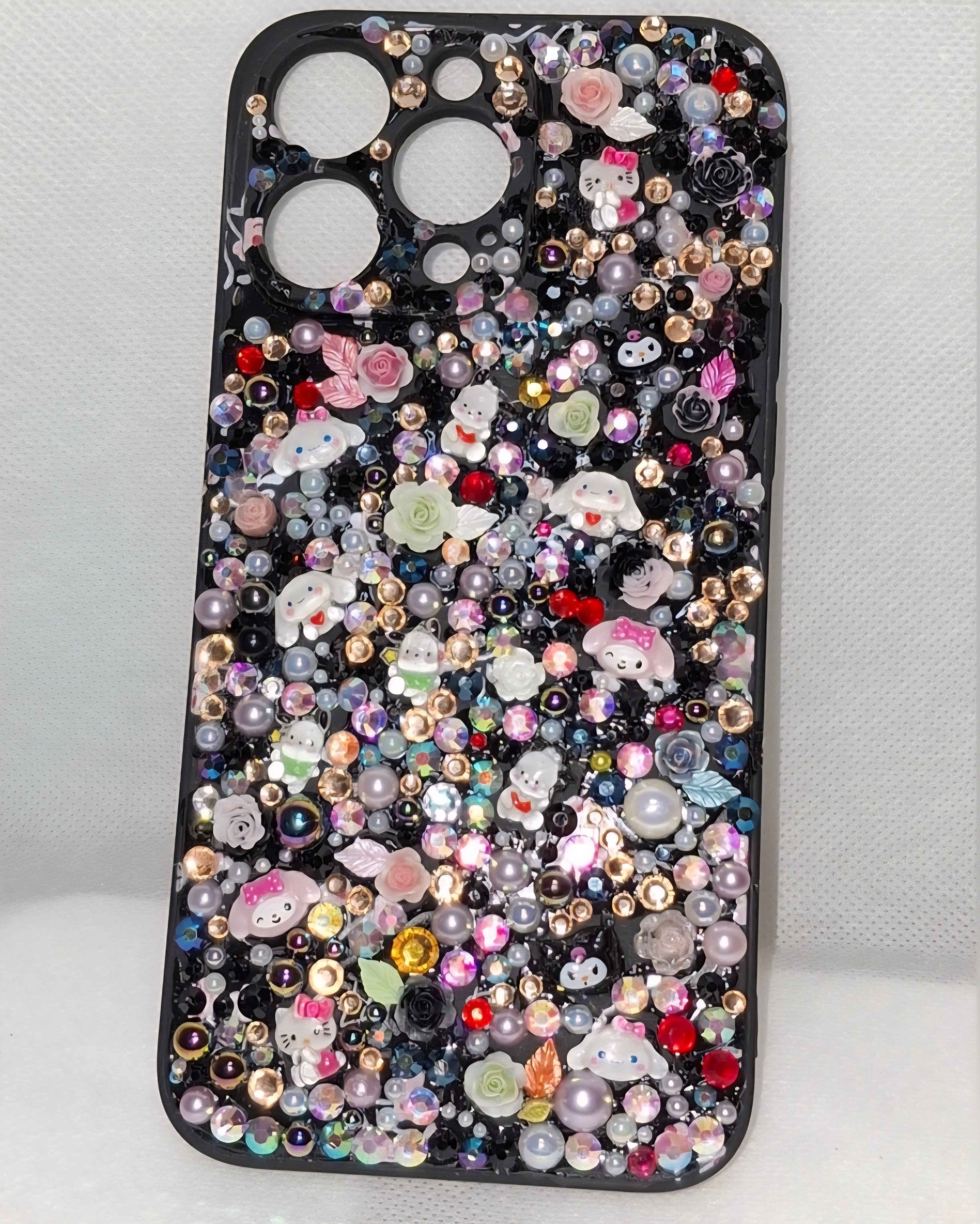 Iphone 15 plus "Midnight Sparkle" Decoden Phone Case with Sanrio-Inspired Charms hand-crafted
