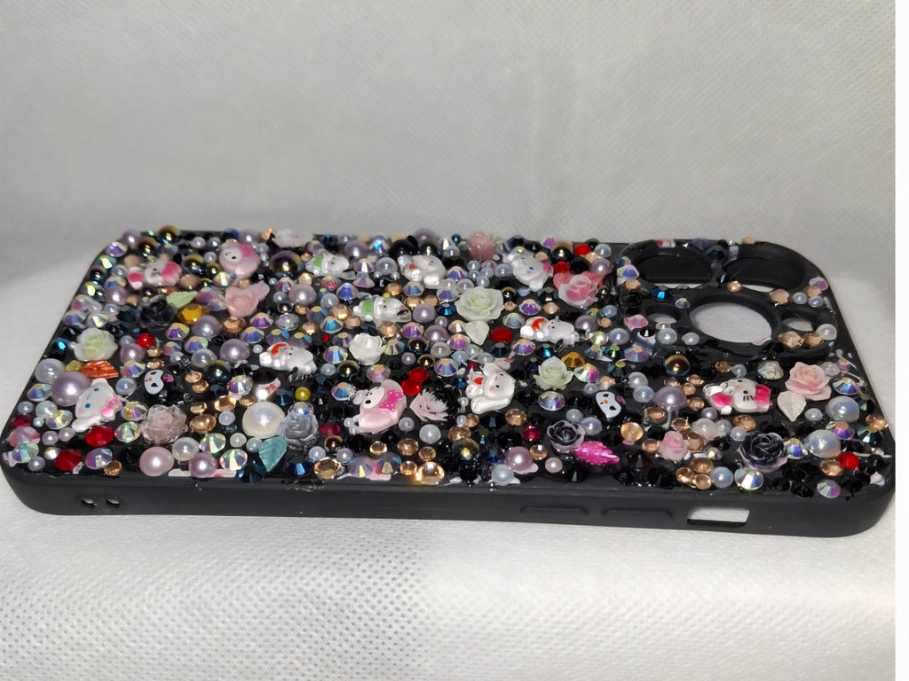Iphone 15 plus "Midnight Sparkle" Decoden Phone Case with Sanrio-Inspired Charms hand-crafted