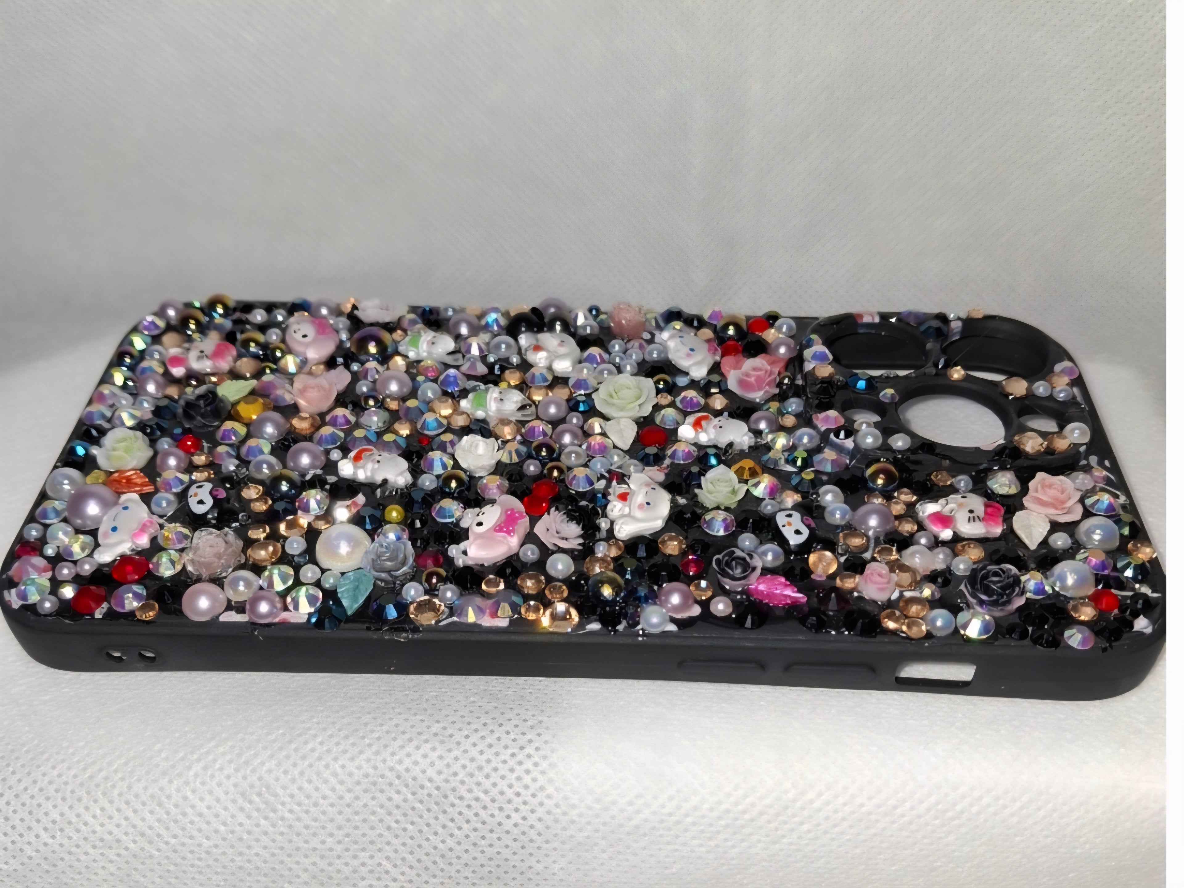 Iphone 15 plus "Midnight Sparkle" Decoden Phone Case with Sanrio-Inspired Charms hand-crafted