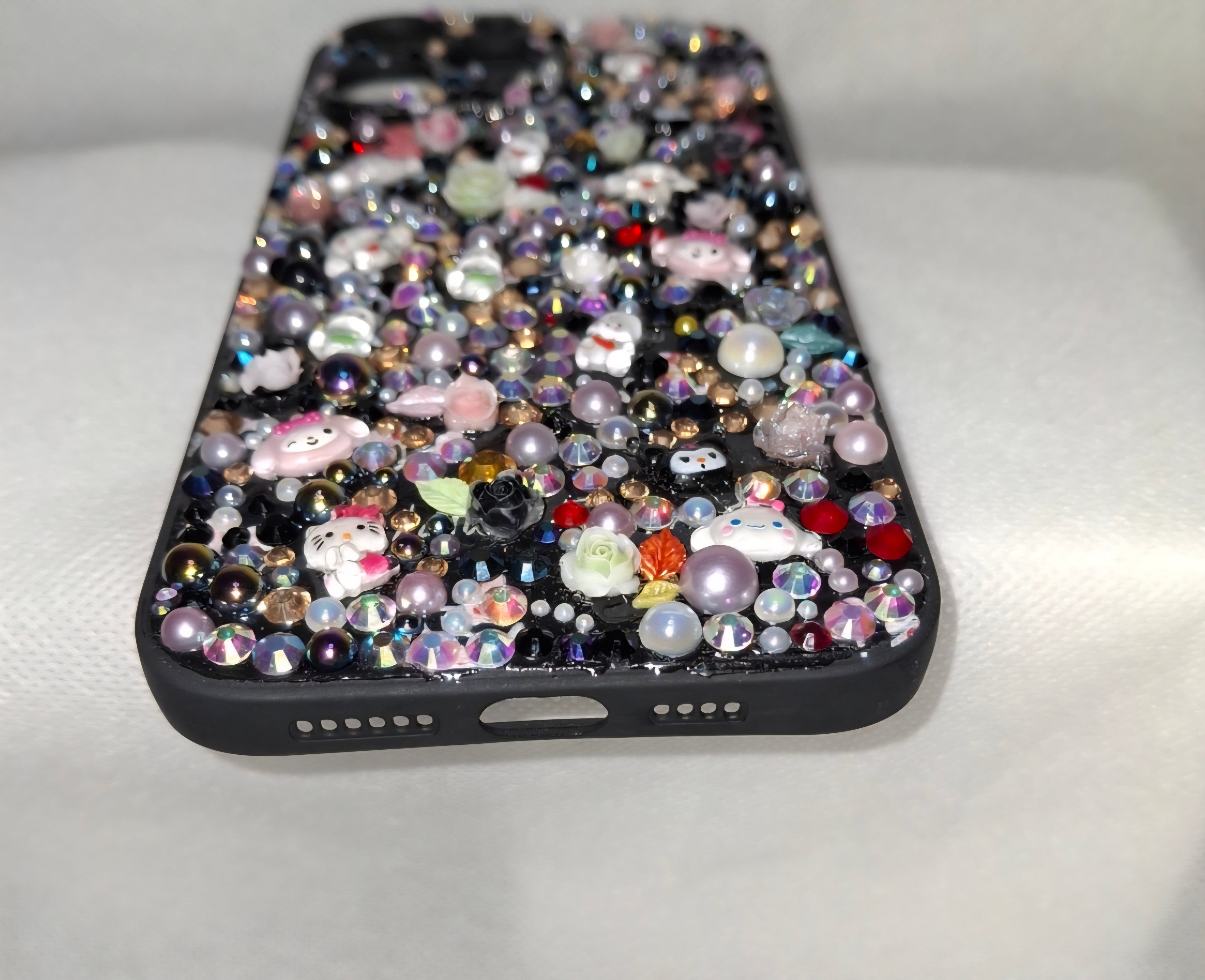 Iphone 15 plus "Midnight Sparkle" Decoden Phone Case with Sanrio-Inspired Charms hand-crafted