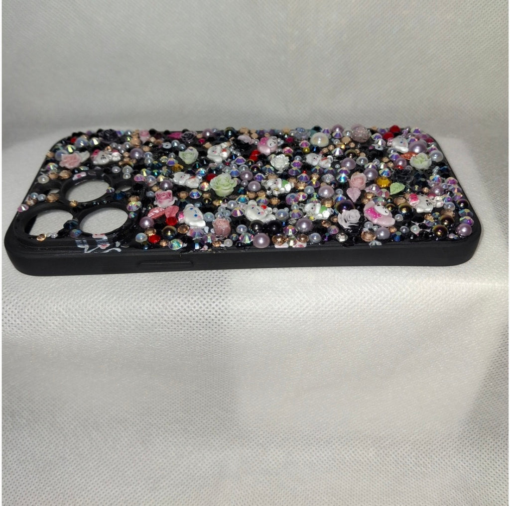 Iphone 15 plus "Midnight Sparkle" Decoden Phone Case with Sanrio-Inspired Charms hand-crafted