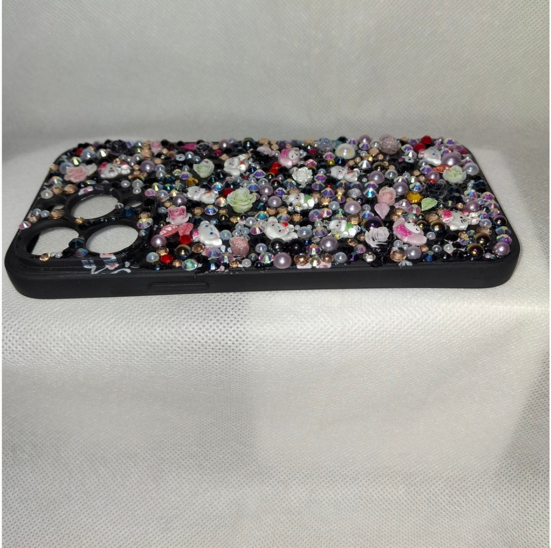 Iphone 15 plus "Midnight Sparkle" Decoden Phone Case with Sanrio-Inspired Charms hand-crafted
