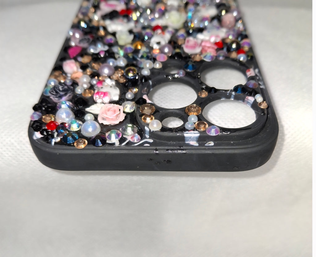 Iphone 15 plus "Midnight Sparkle" Decoden Phone Case with Sanrio-Inspired Charms hand-crafted
