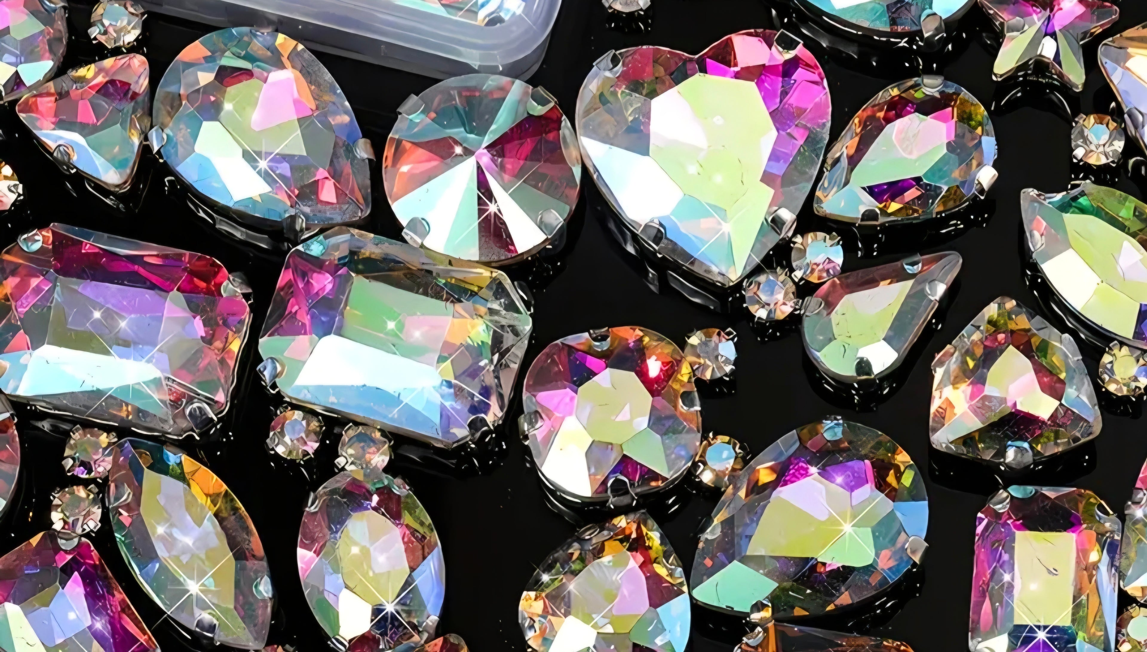 Multicolored heart-shaped gemstones on a black background