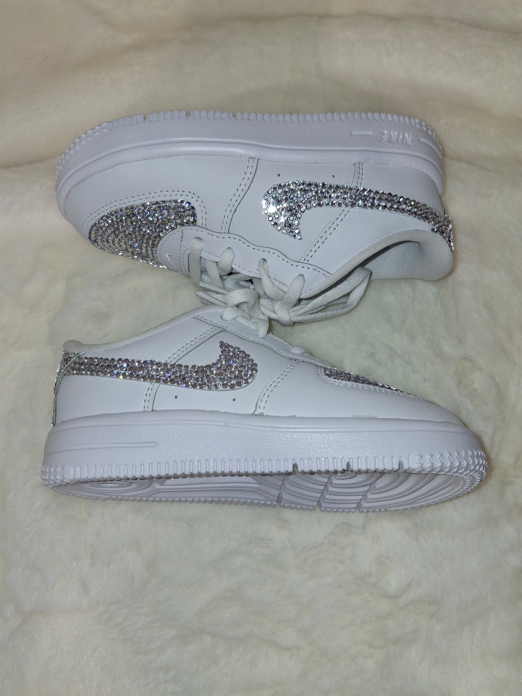 Custom rhinestone embellished Air Force 1 kids sneakers side view by Dressed and done 