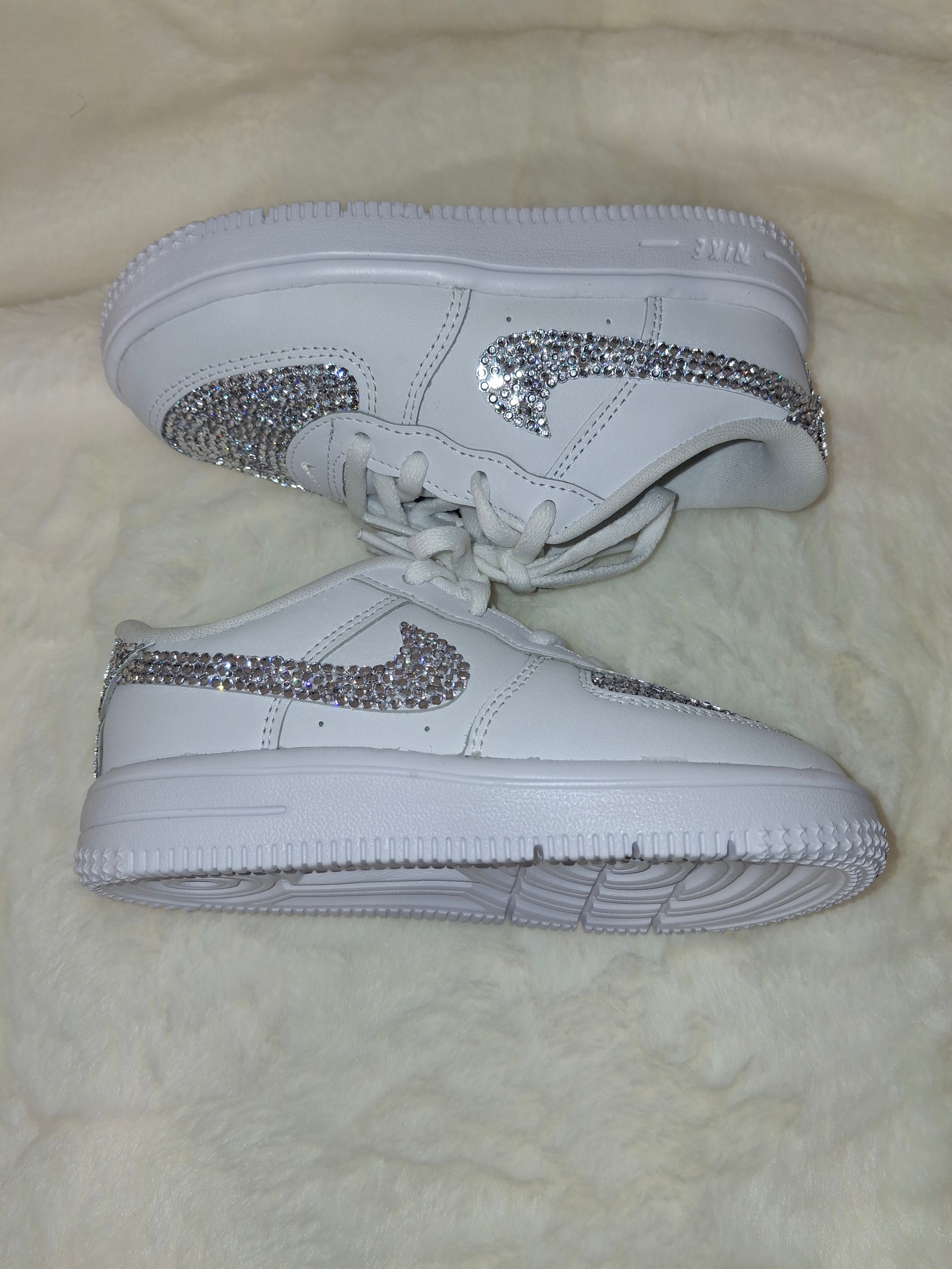 Custom rhinestone embellished Air Force 1 kids sneakers side view by Dressed and done 
