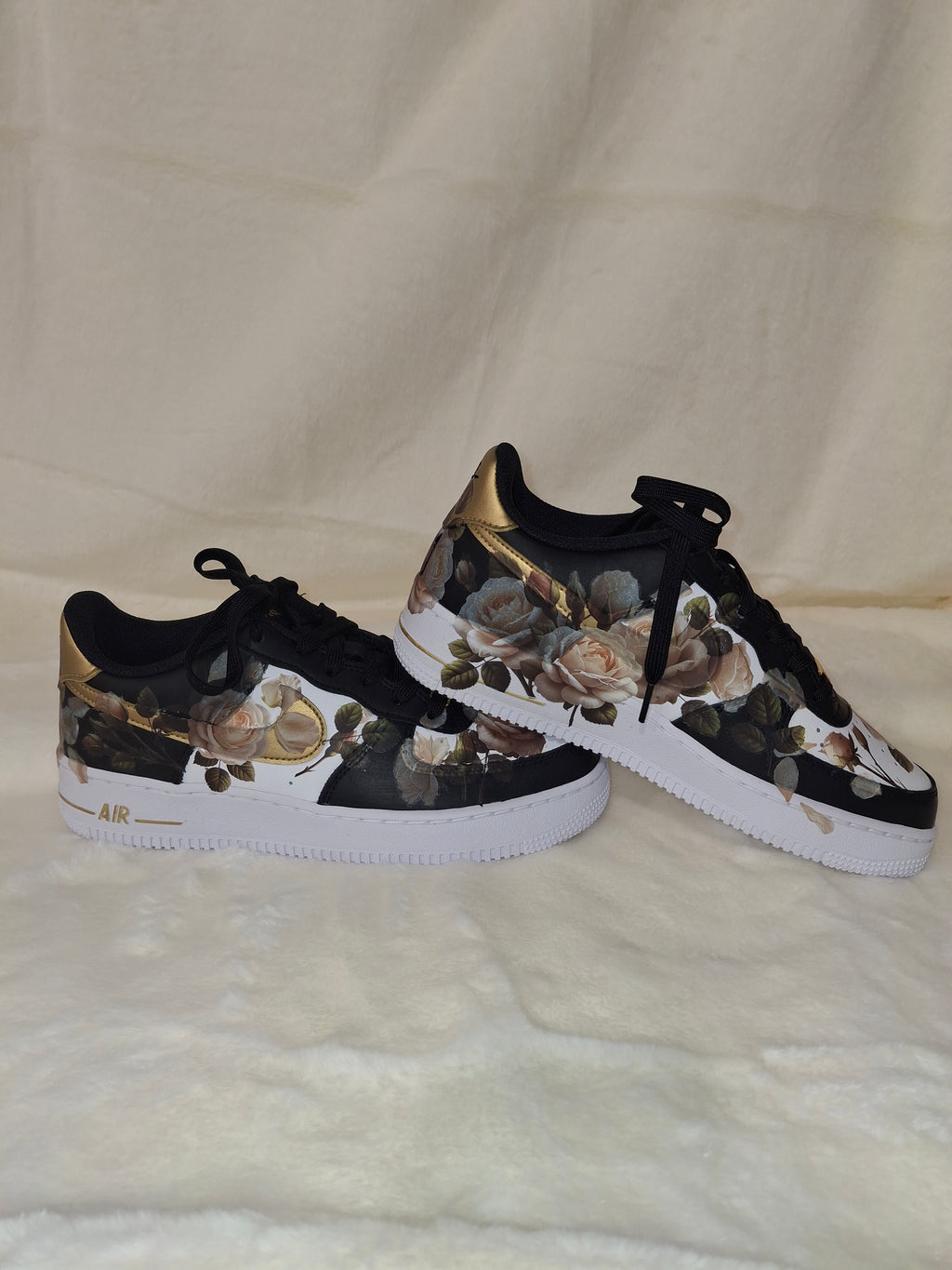 Custom Air Force 1 Sneaker with graphics in Black, gold and white with floral design by Dressed and Done
