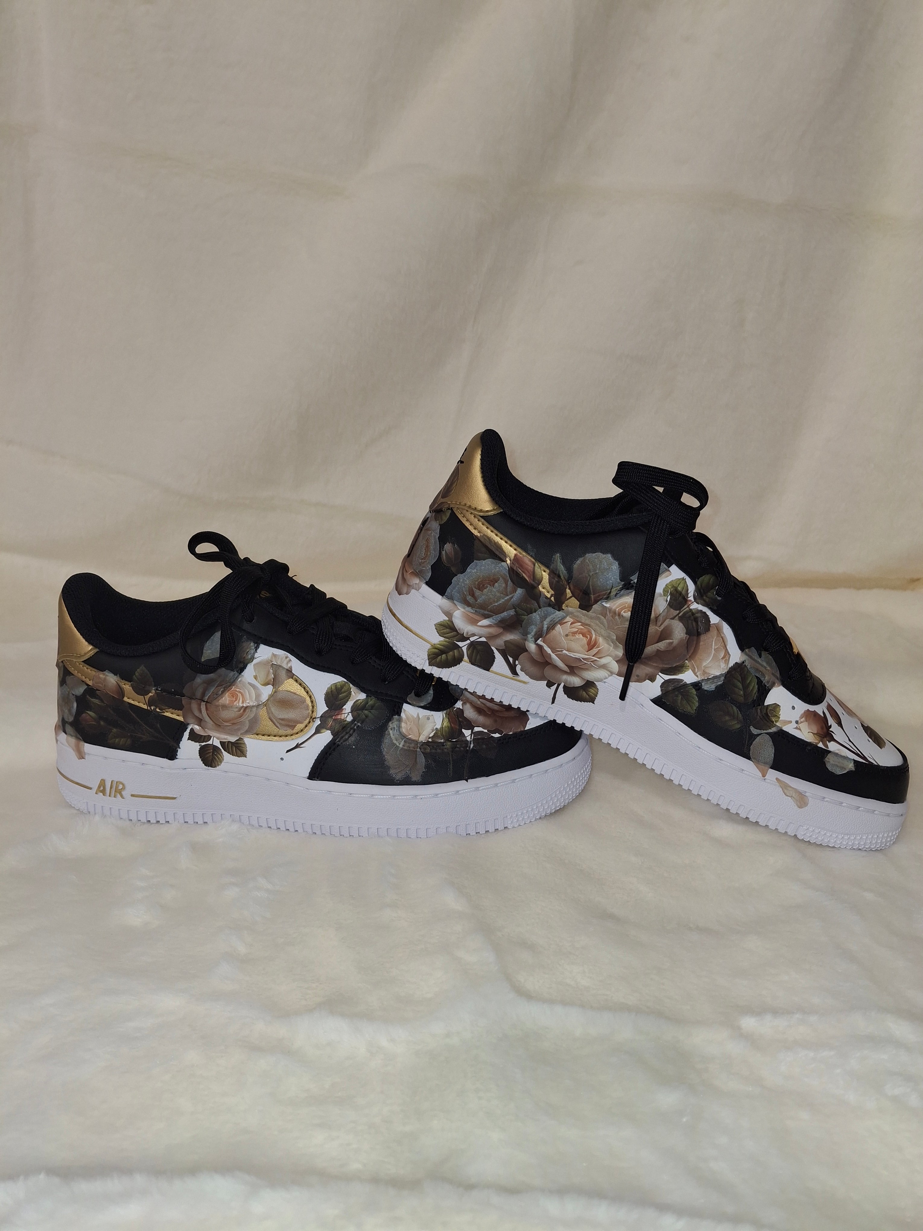 Custom Air Force 1 Sneaker with graphics in Black, gold and white with floral design by Dressed and Done