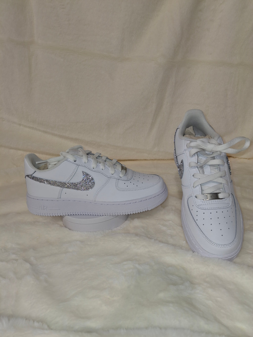 Custom blinged white Air Force 1 rhinestone blinged sneaker by Dressed and Done