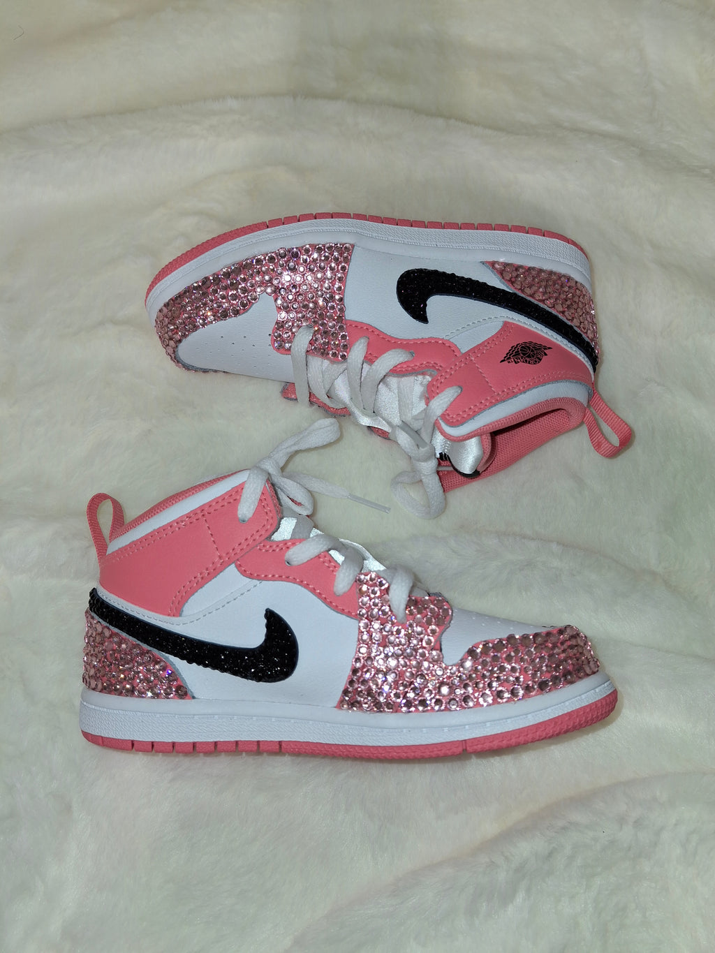 Custom pink and black rhinestone Air Jordan Mid 1 kids sneakers side view by Dressed and Done 