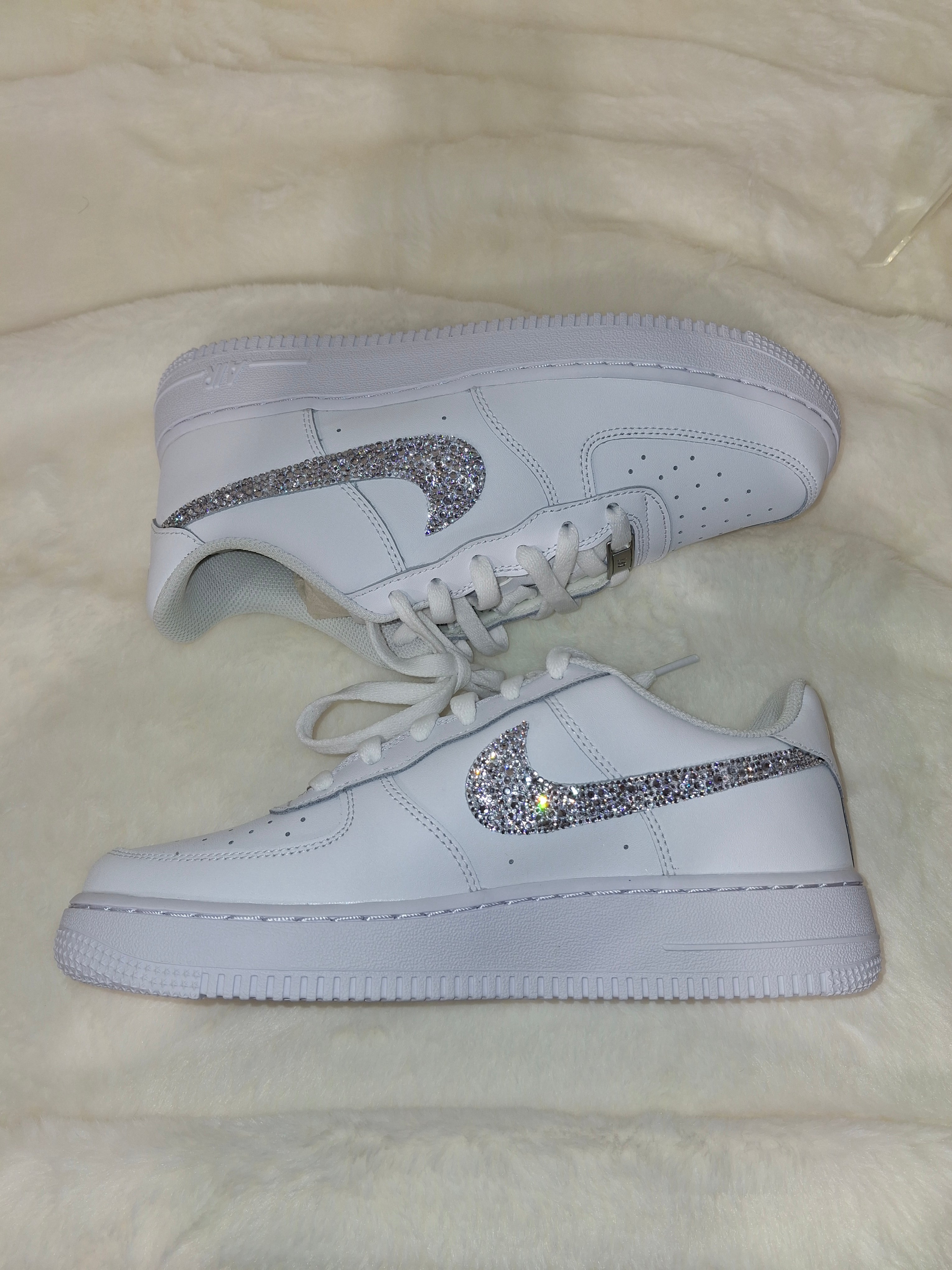 Custom blinged white Air Force 1 blinged sneaker side view by Dressed and Done