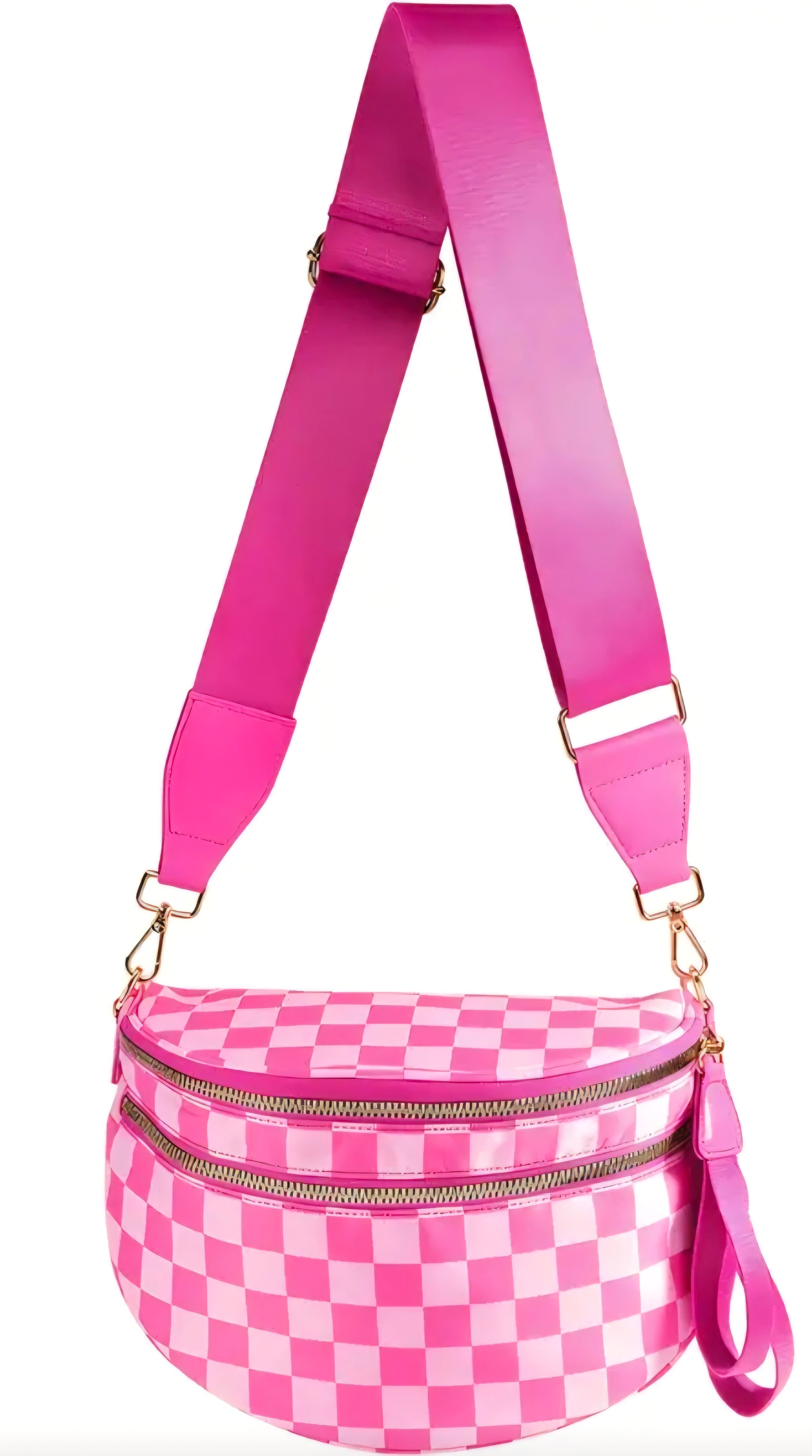 Pink checkered bag with a pink strap on a white background