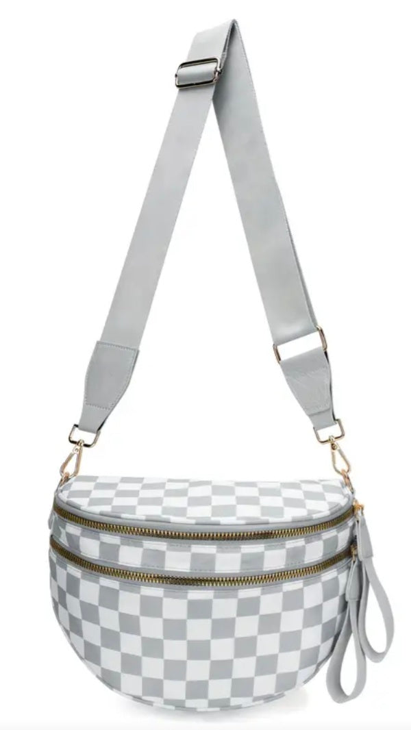 Gray and white checkered bag with a strap on a white background