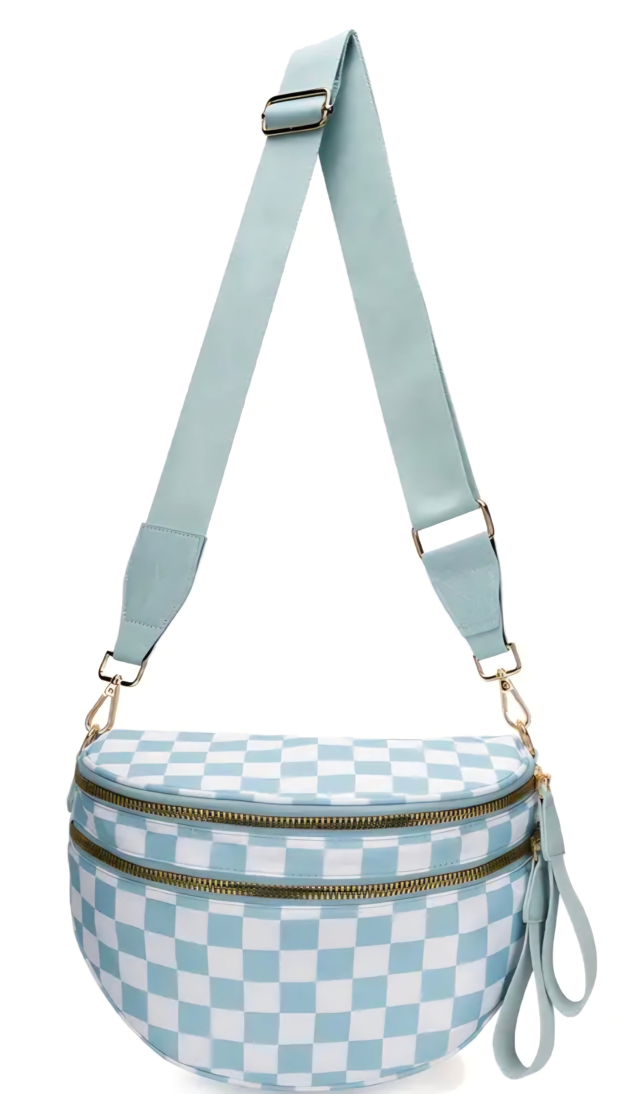 Checkered bag with a light blue strap on a white background
