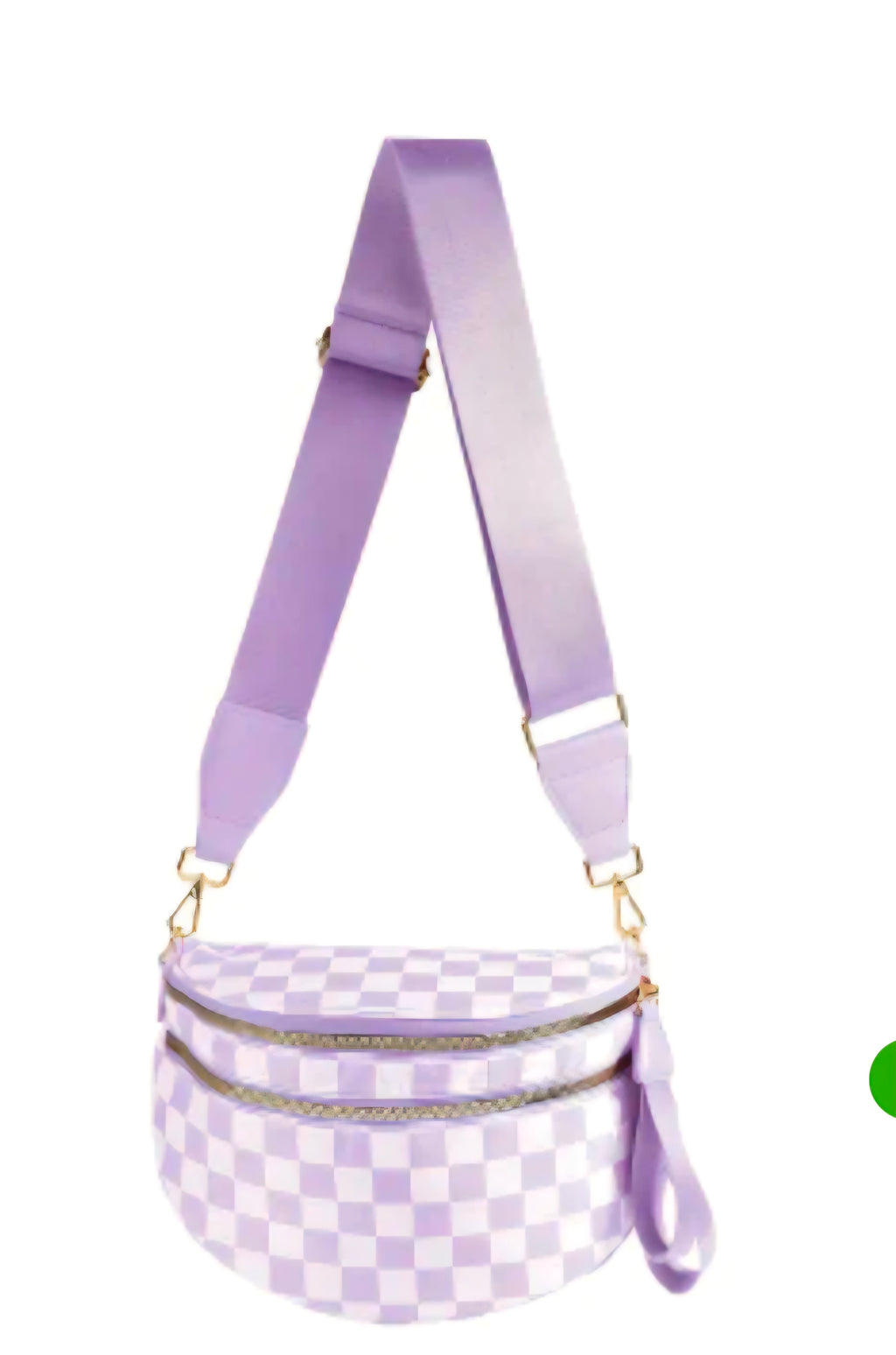 Purple checkered bag with a matching strap on a white background