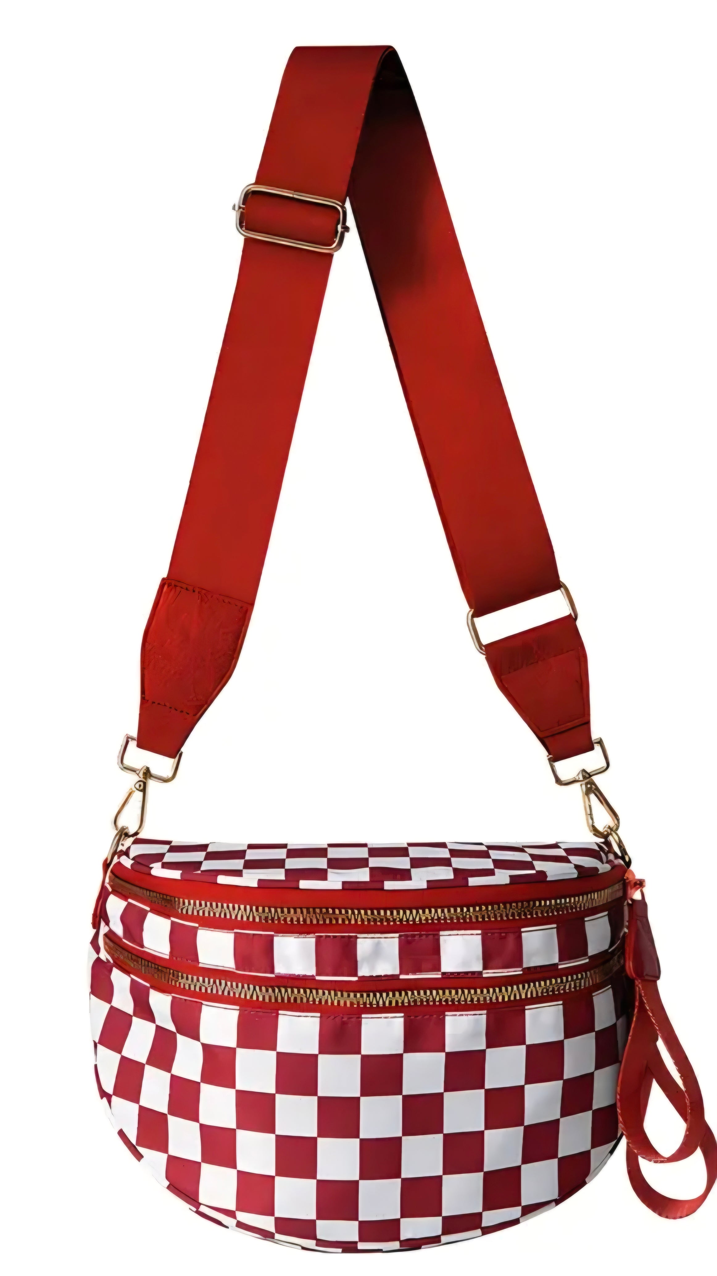 Red and white checkered fanny pack with a brown strap on a white background