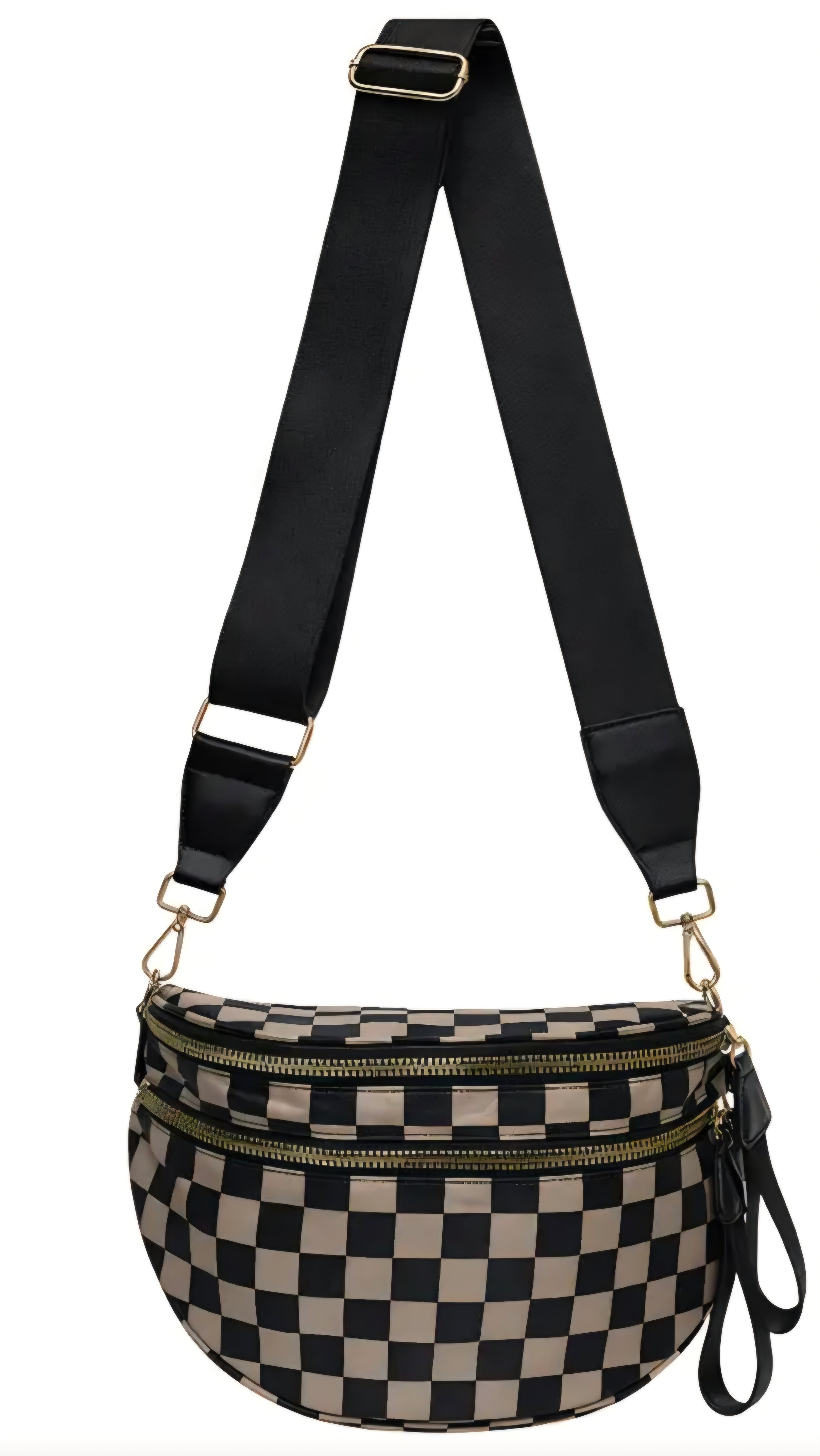Checkered fanny pack with black strap on a white background