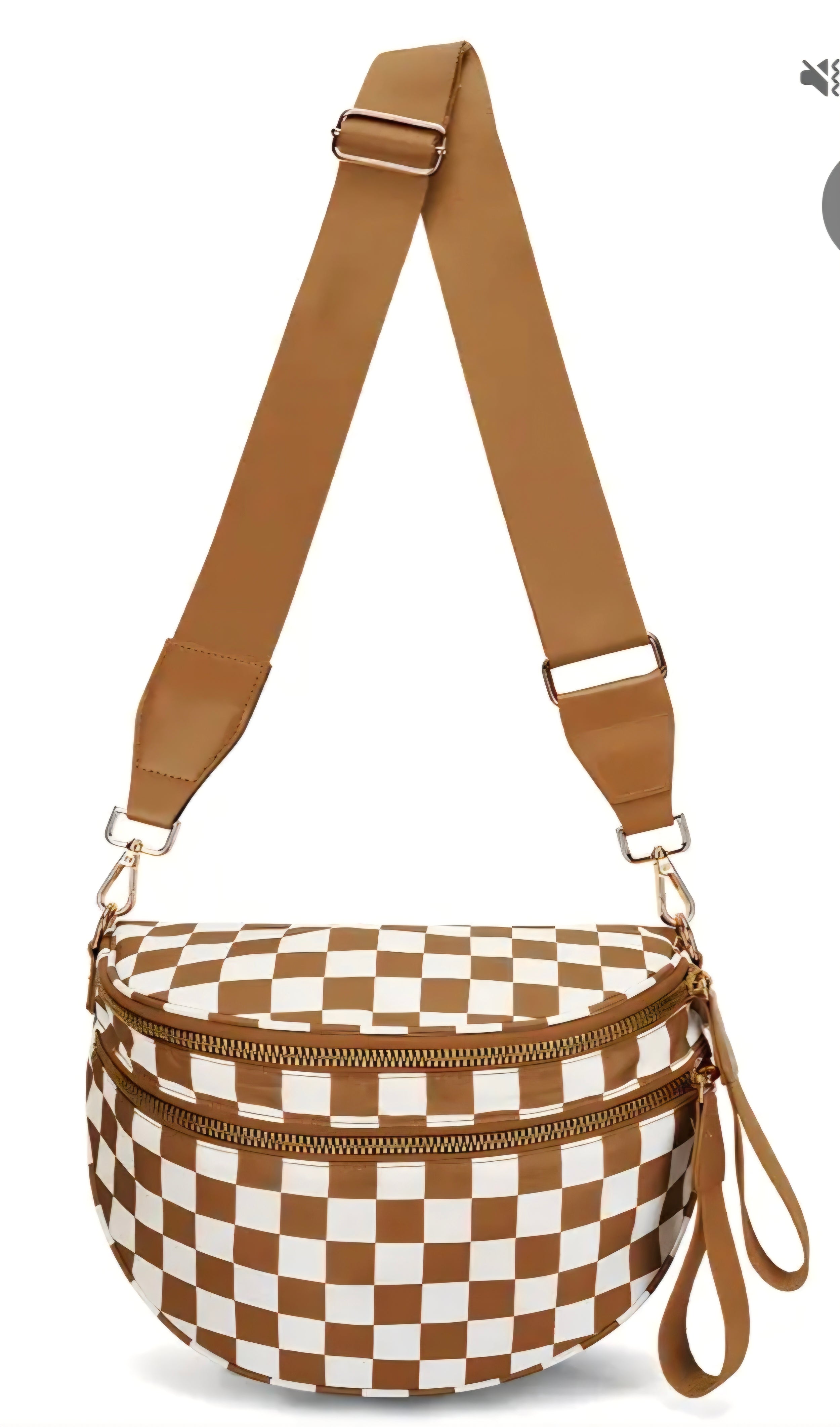 Checkered bag with brown strap on a white background