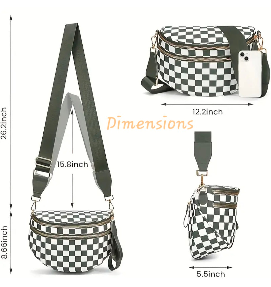 Green and white checkered bag with dimensions indicated