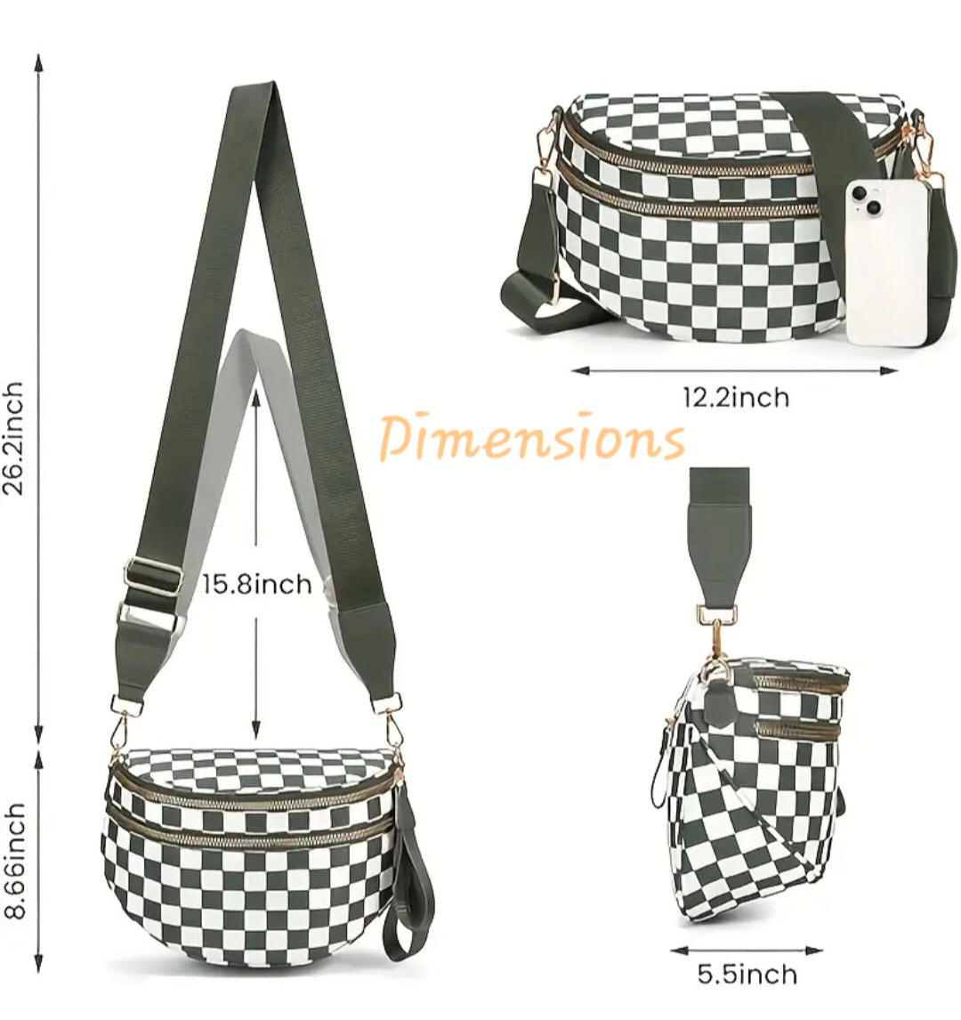 Green and white checkered bag with dimensions indicated