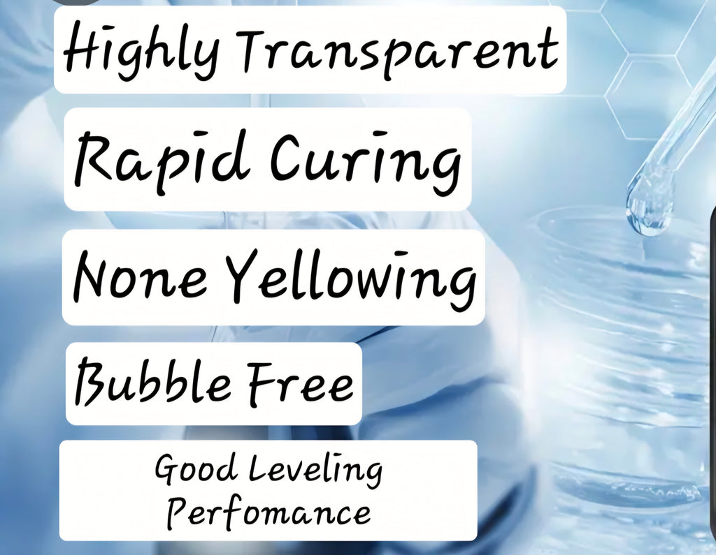 Text overlay on a resin liquid featuring properties of the liquid.