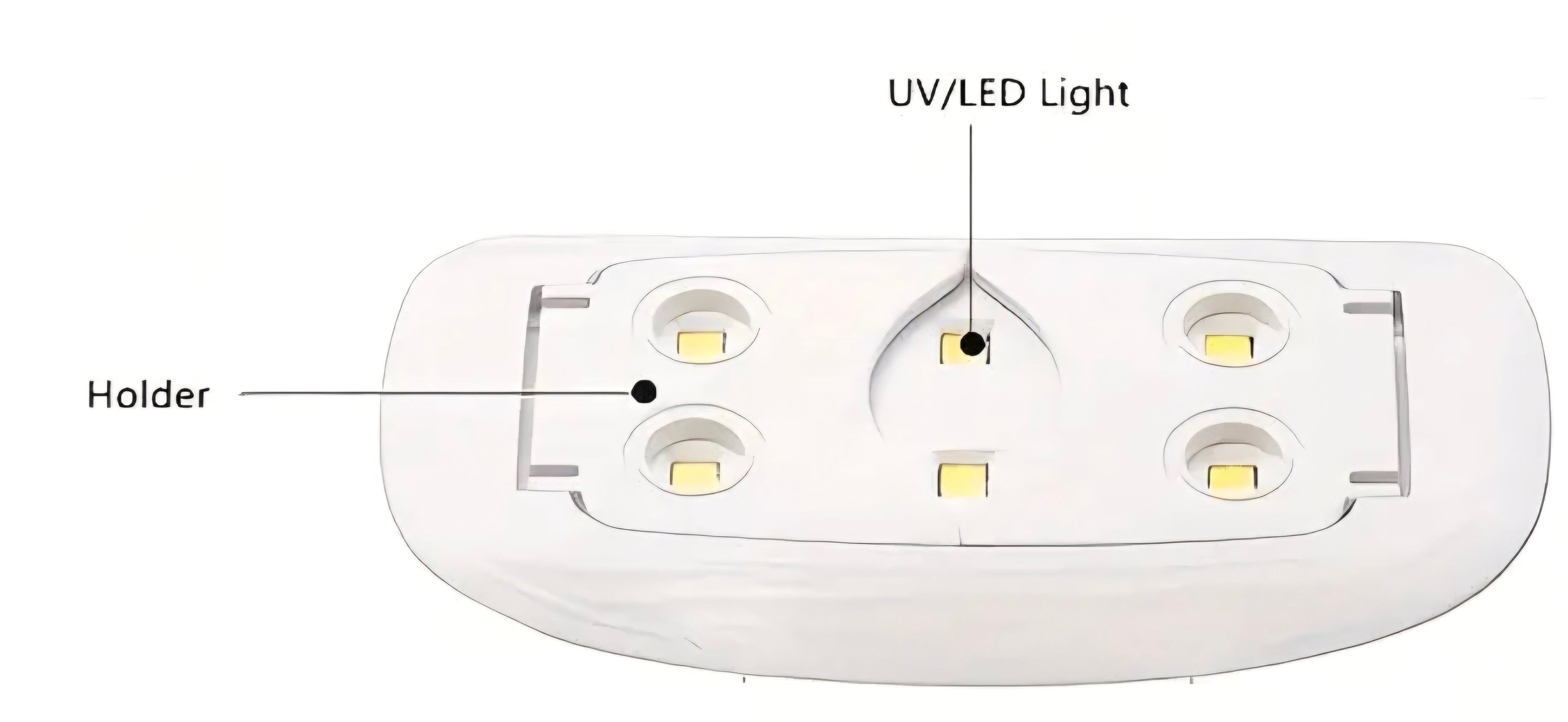 Diagram of a UV/LED light with labeled parts on a white background