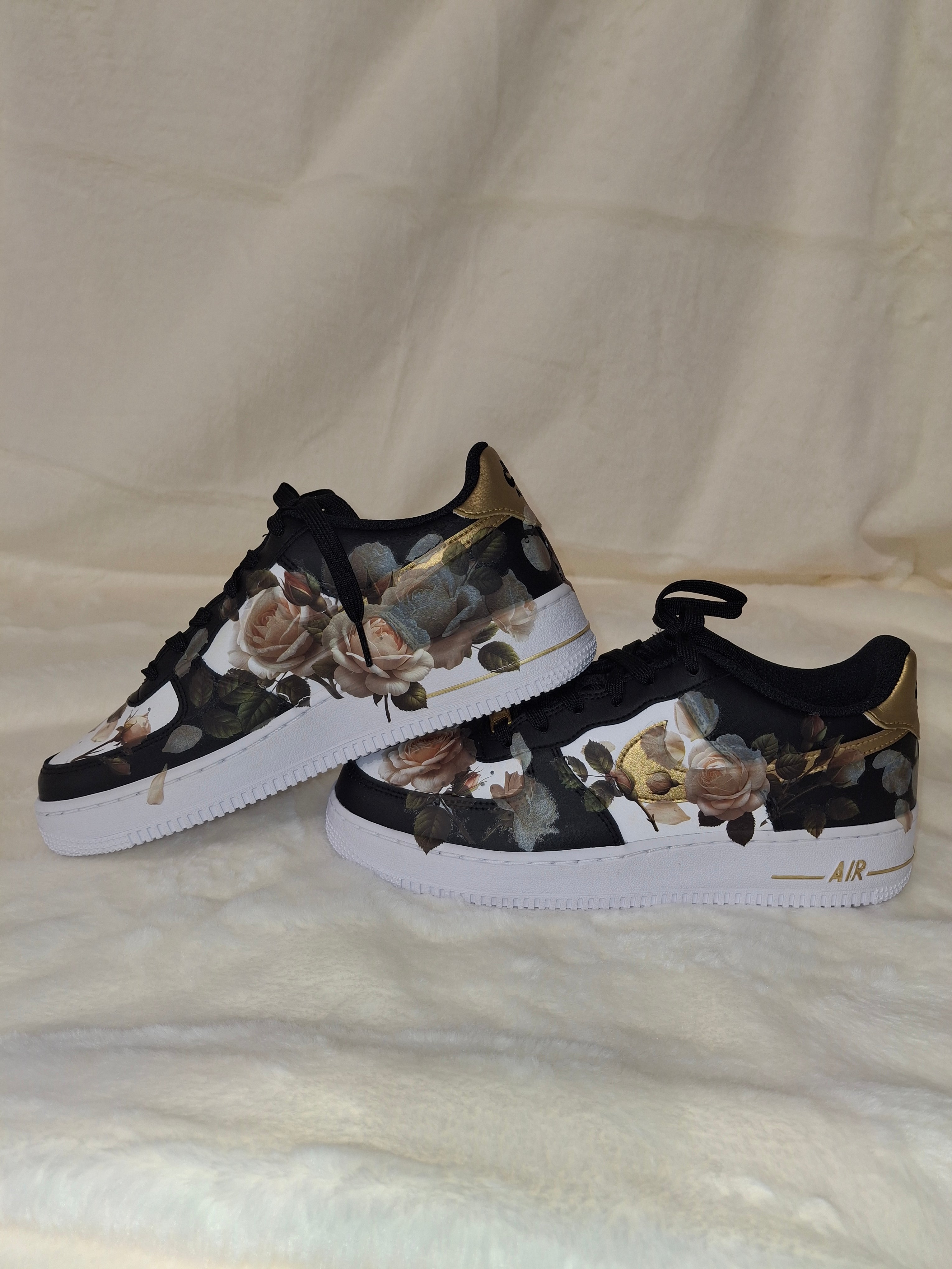 Custom black and white hand designed floral Air Force One kids sneakers by Dressed and Done