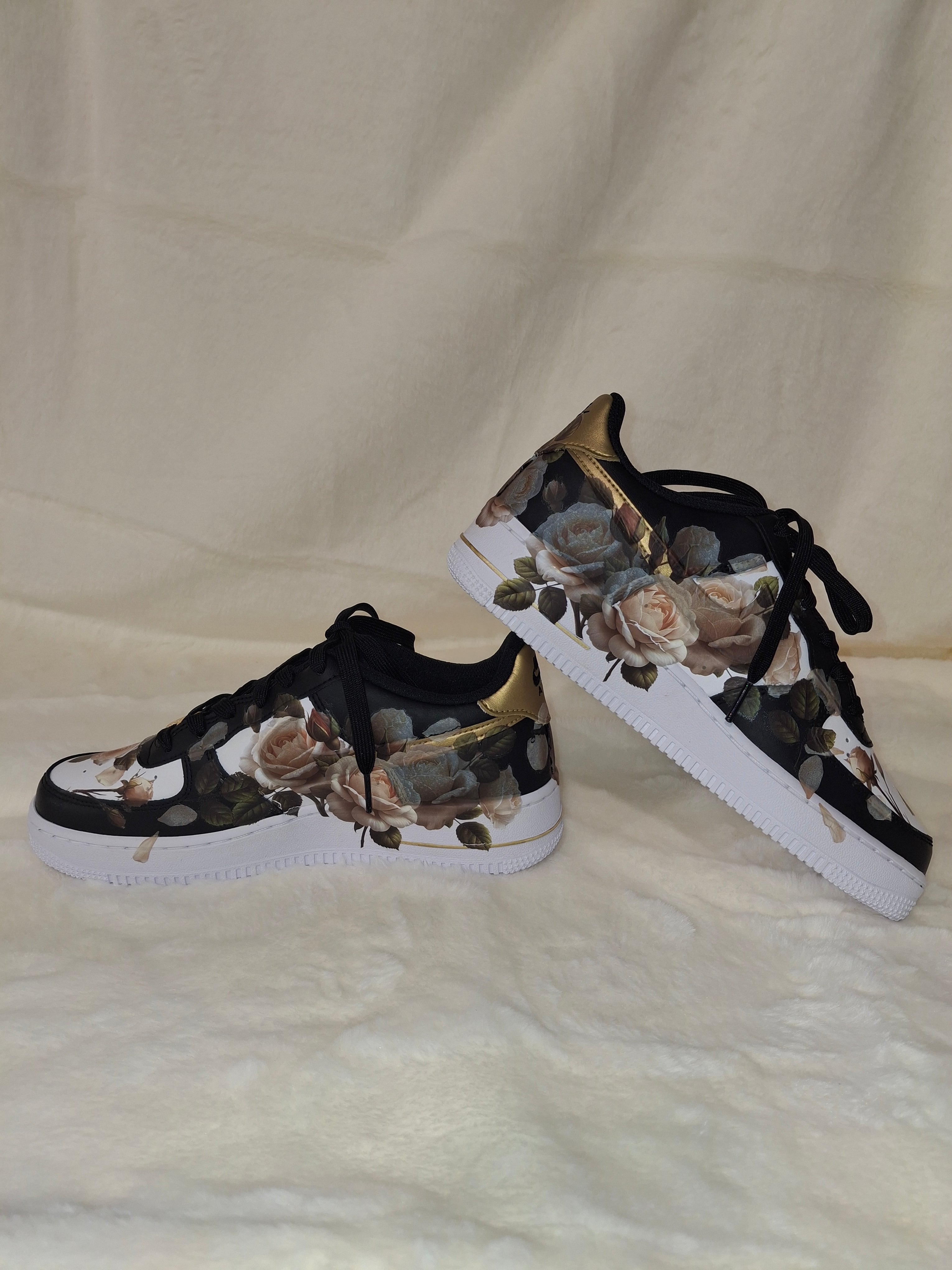 Custom Floral graphic Air Force 1 in black, gold and white by Dressed and Done