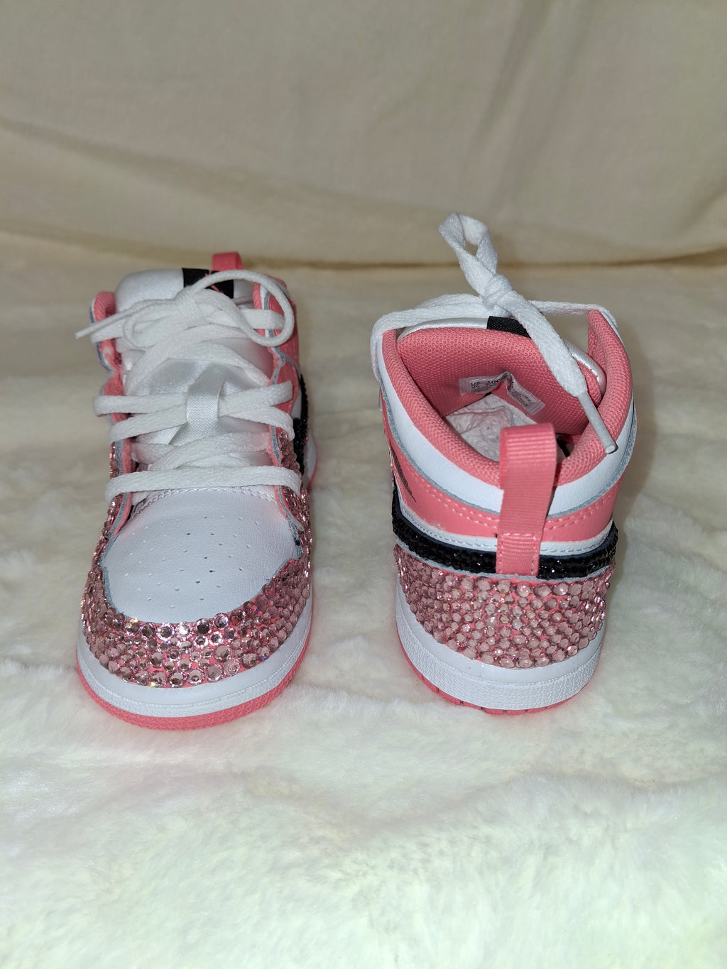Pink black white Air Jordan Mid 1 custom sneaker blinged heel and toe