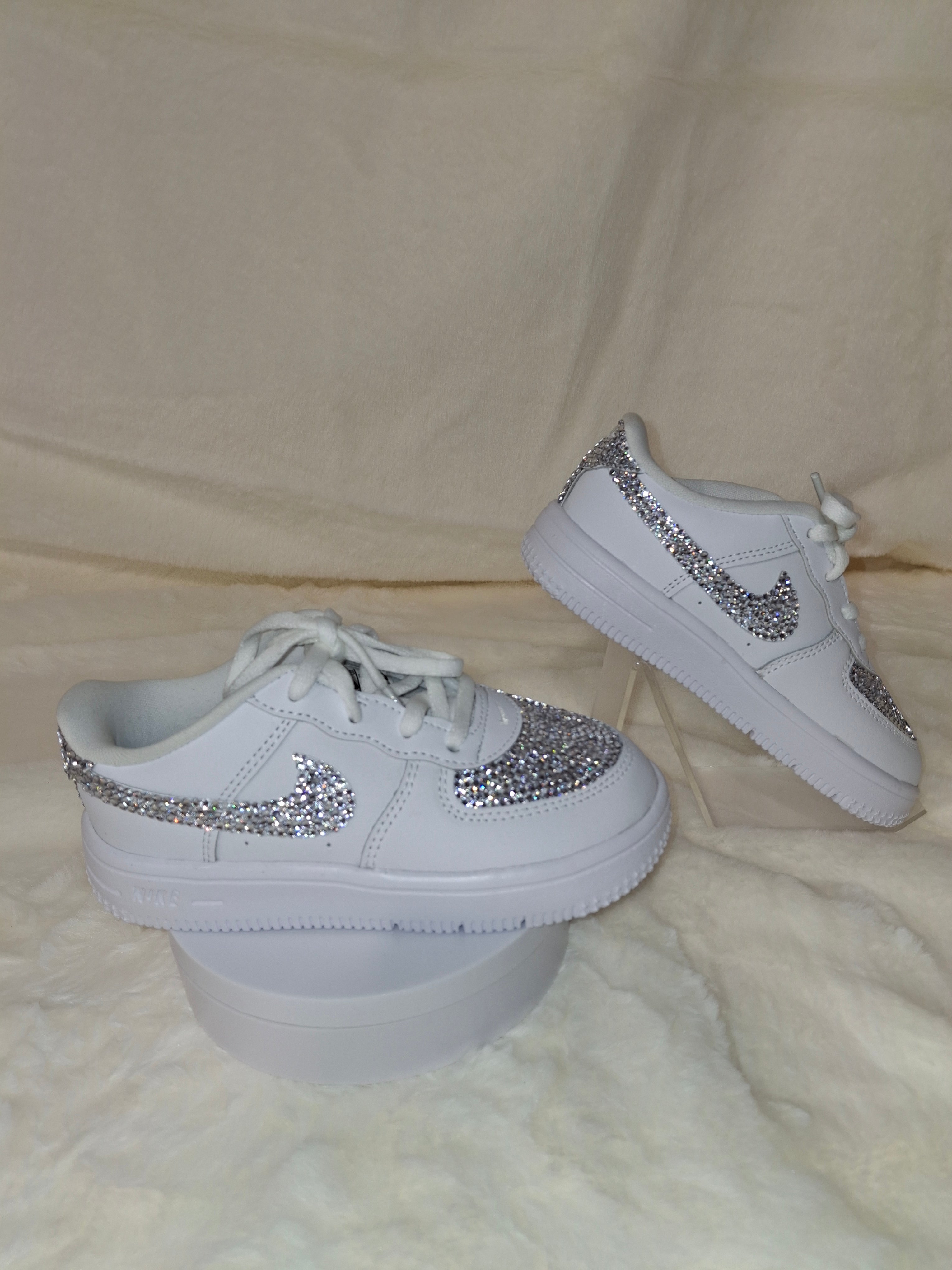 Custom Silver rhinestone Air Force 1 white sneakers by Dressed and Done