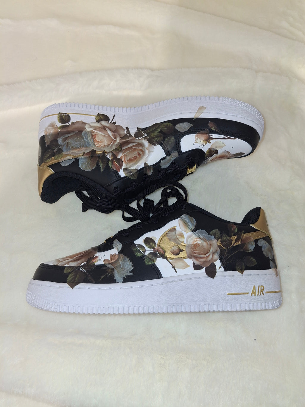 Custom Air Force 1 Black White and Gold embellished with flowers by Dressed and Done