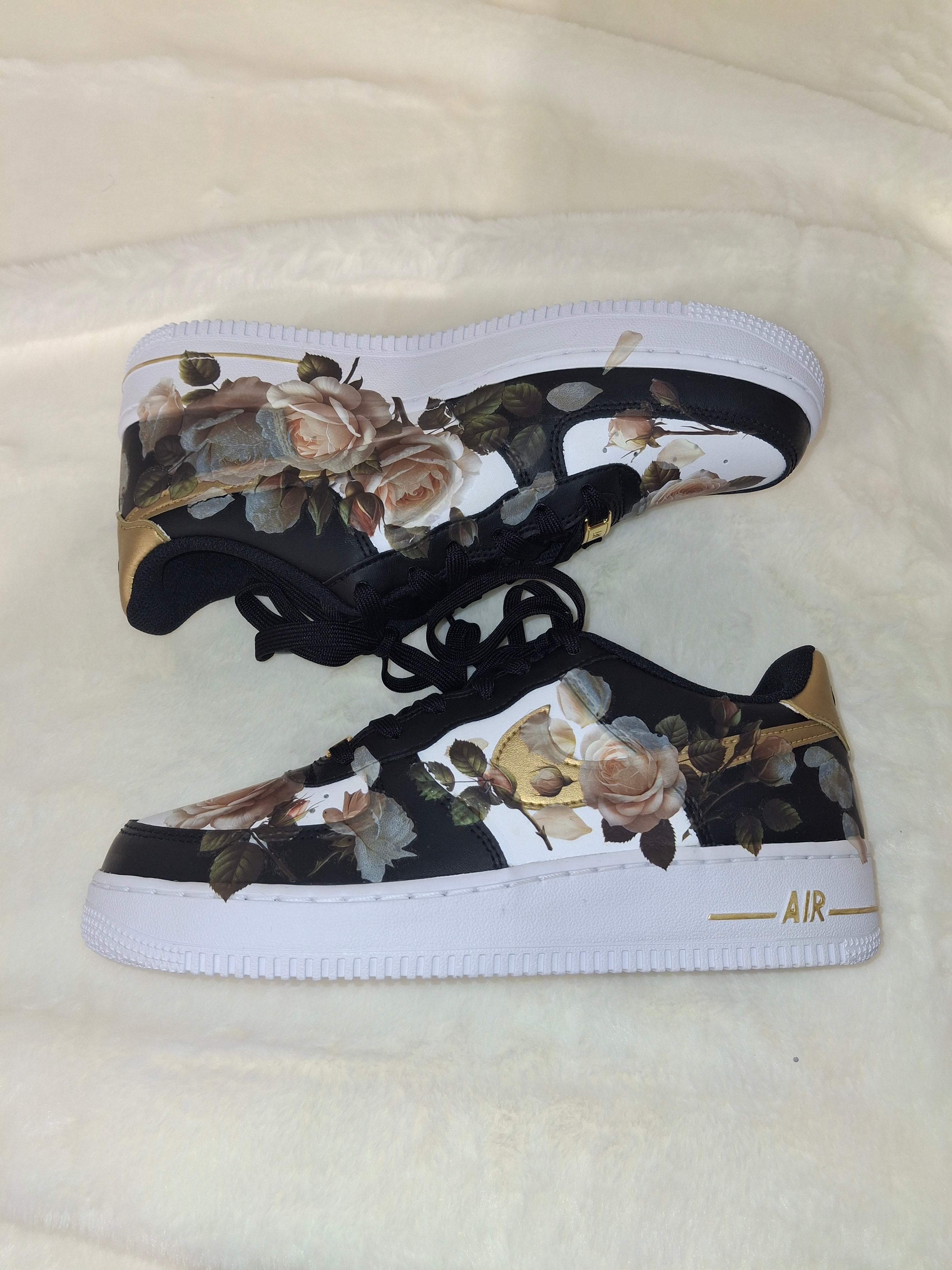 Custom black and gold rose Air Force One men's sneakers by Dressed and Done