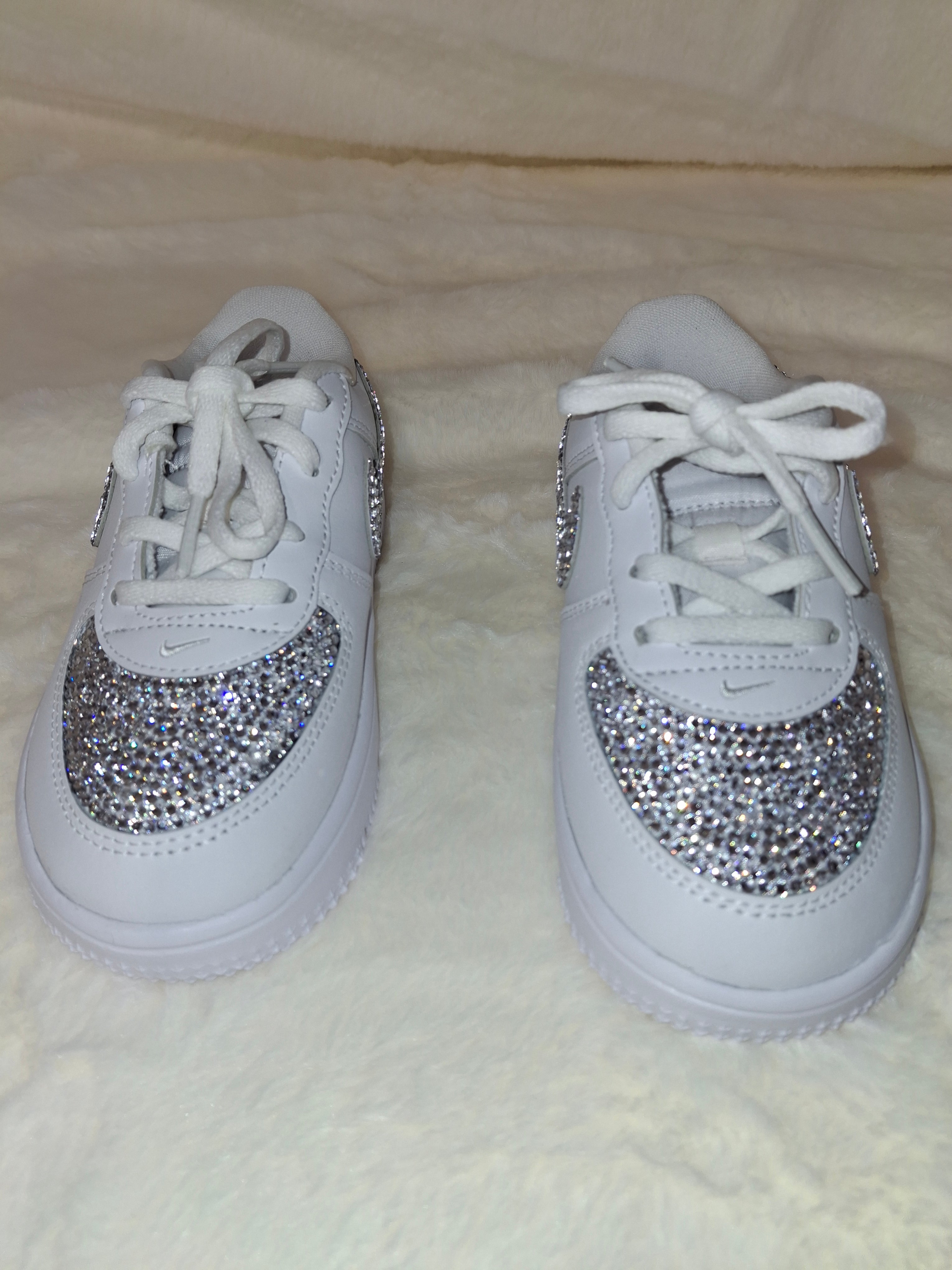 White kids Air Force One Sneaker with bling on toe by Dressed and Done