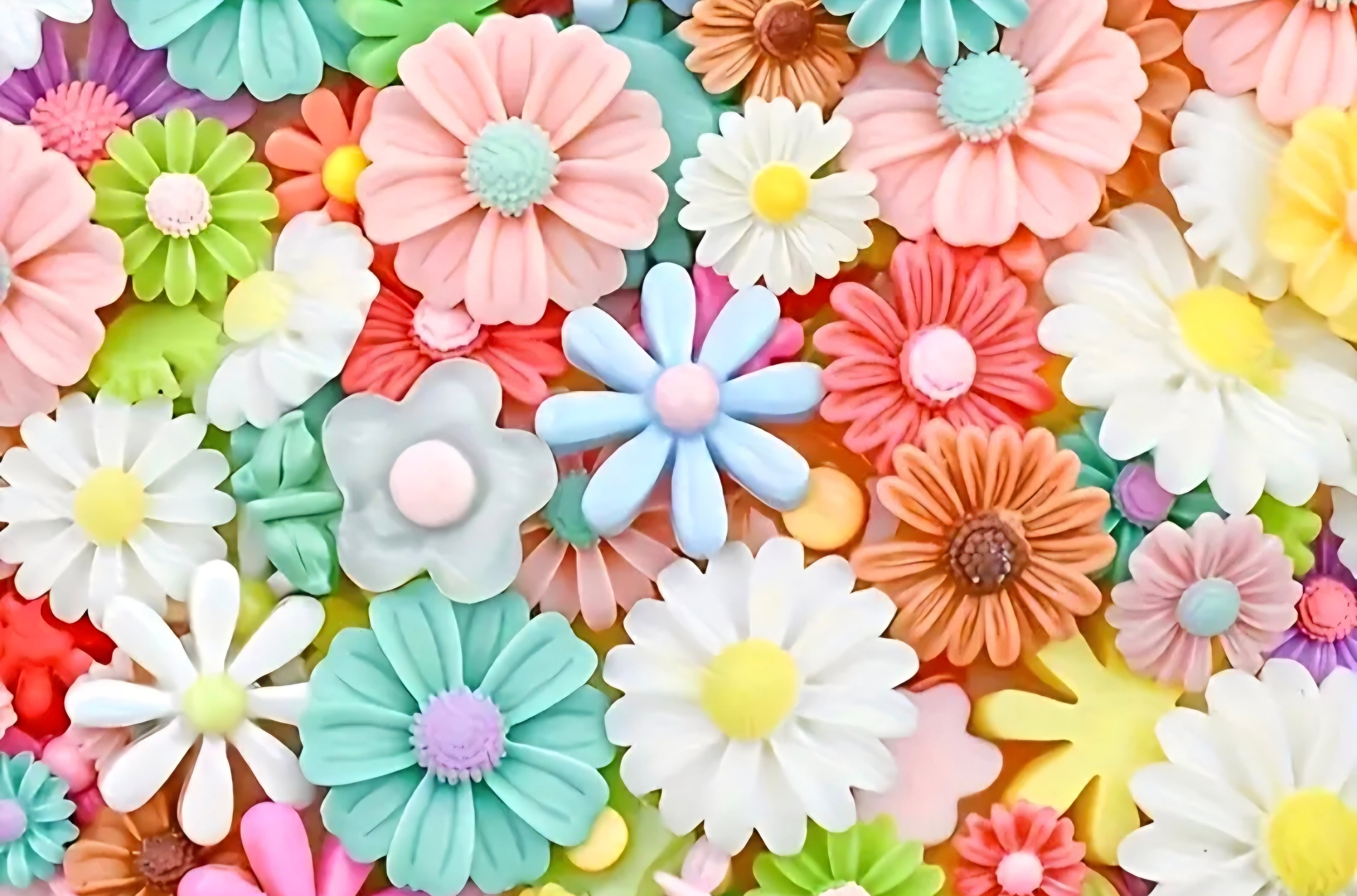 Colorful assortment of flower-shaped charms with pastel shades.