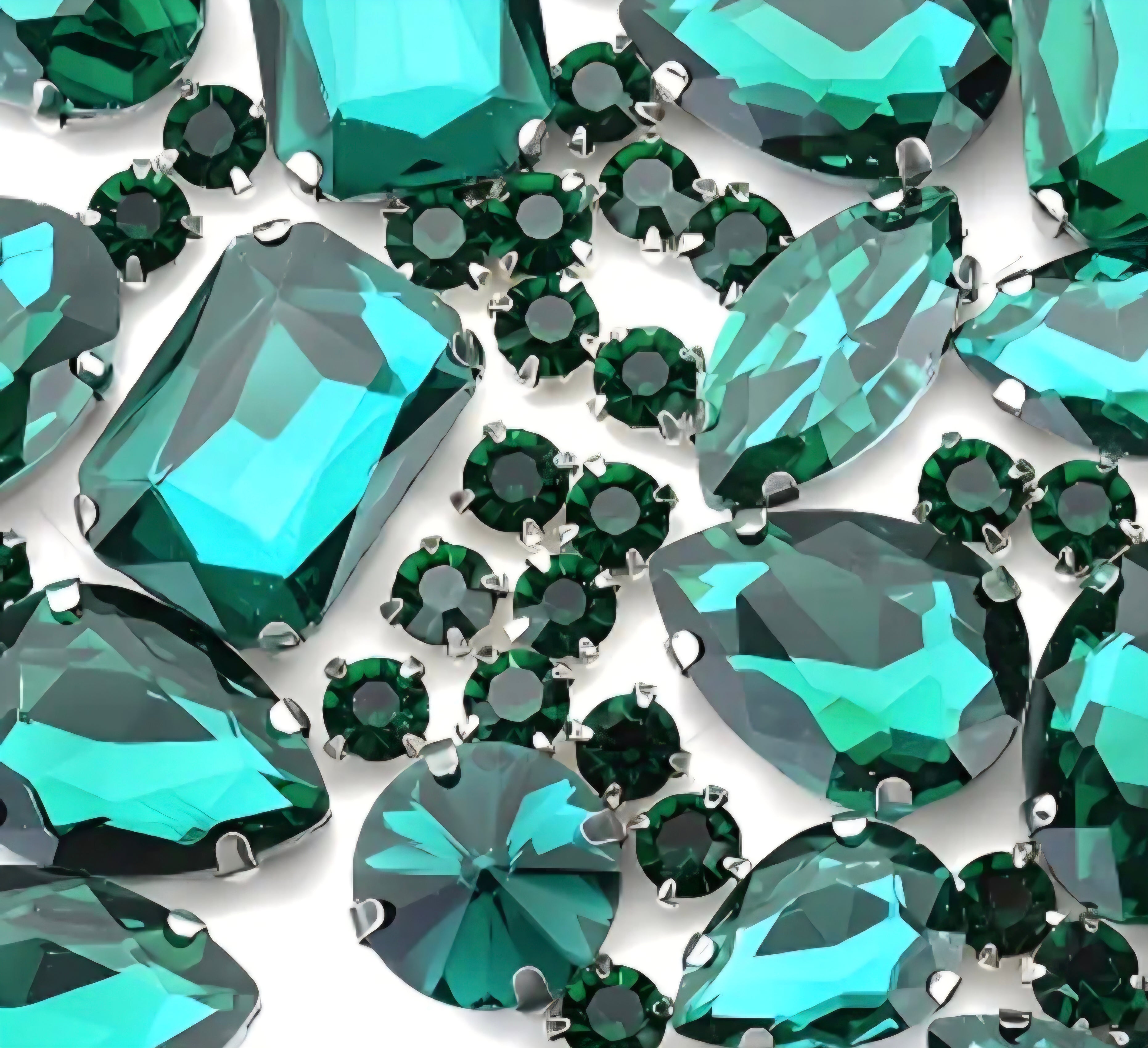 Collection of green gemstones on a white background
