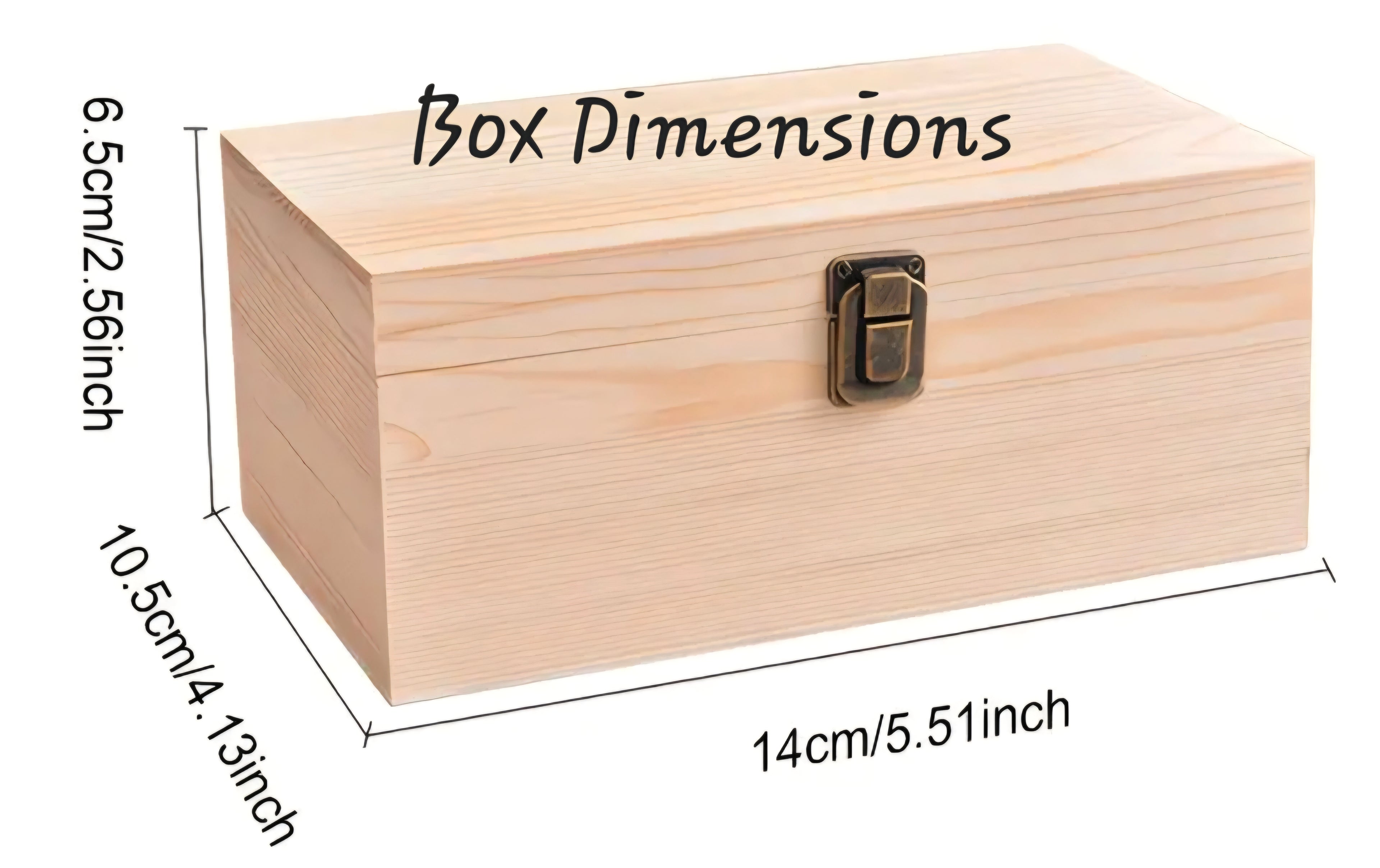 Wooden box with dimensions labeled on a white background
