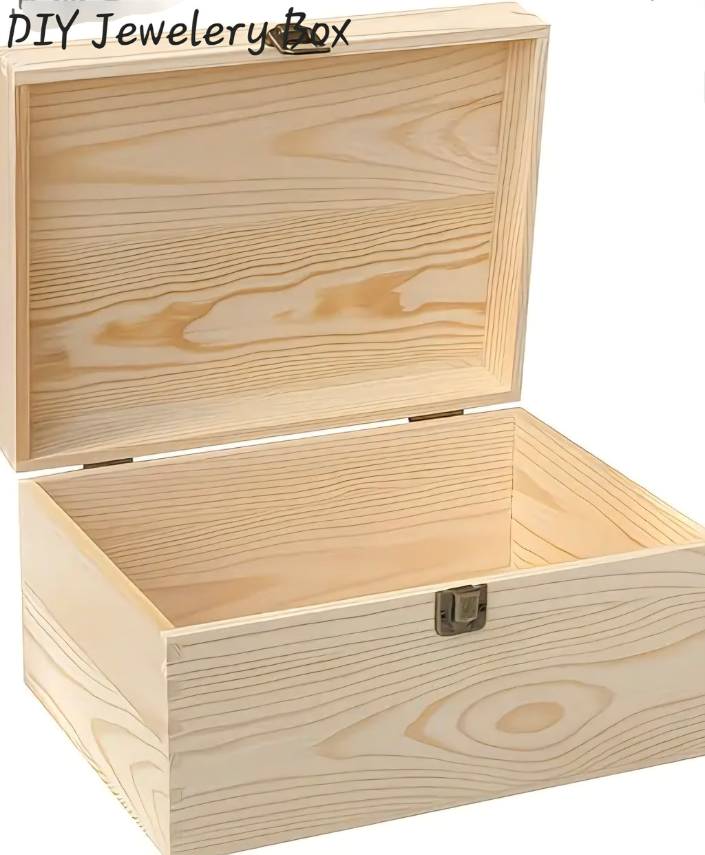Wooden jewelry box with 'DIY Jewelery Box' text on a white background