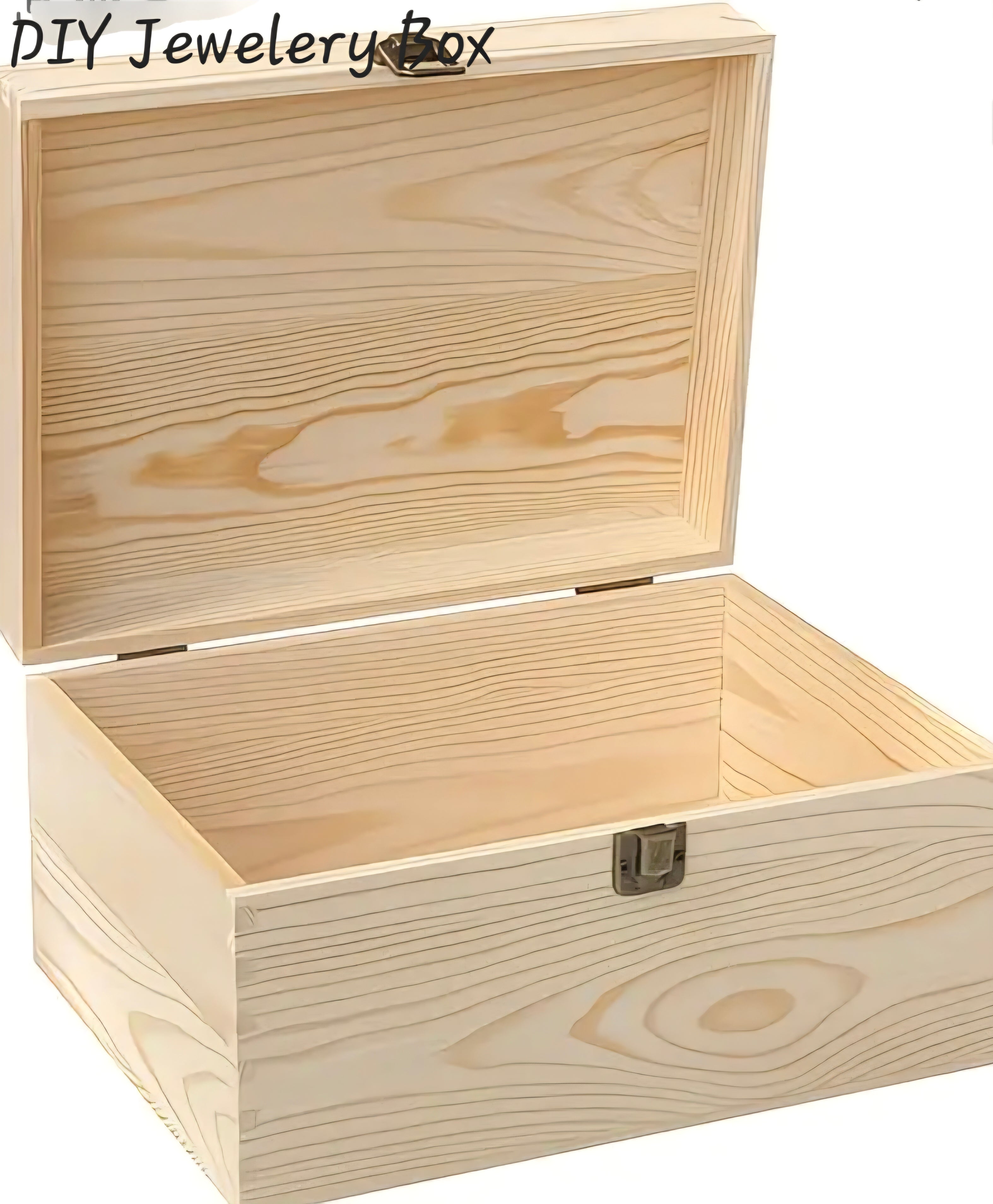 Wooden jewelry box with 'DIY Jewelery Box' text on a white background