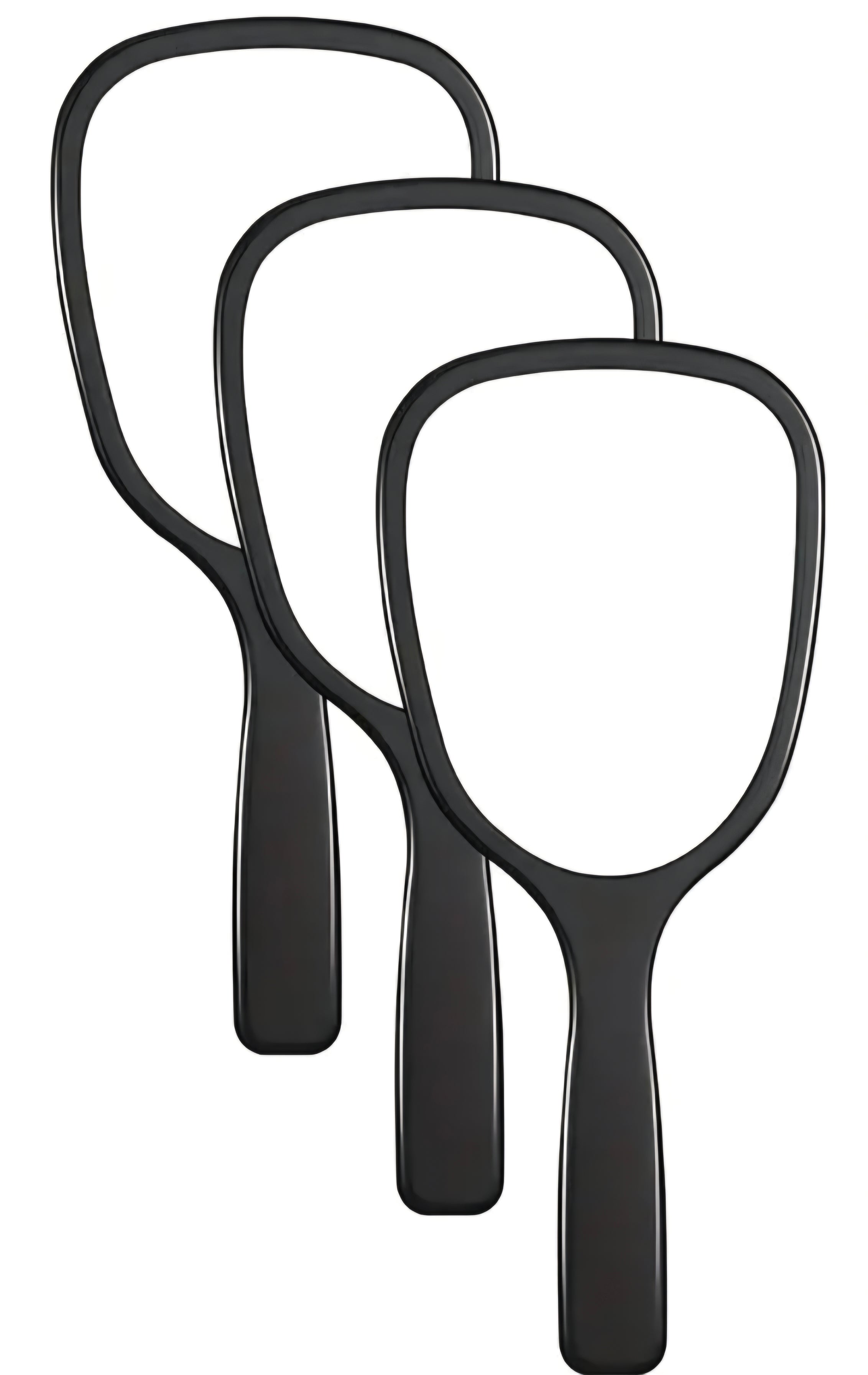 Three black hand mirrors with white reflective surfaces on a white background