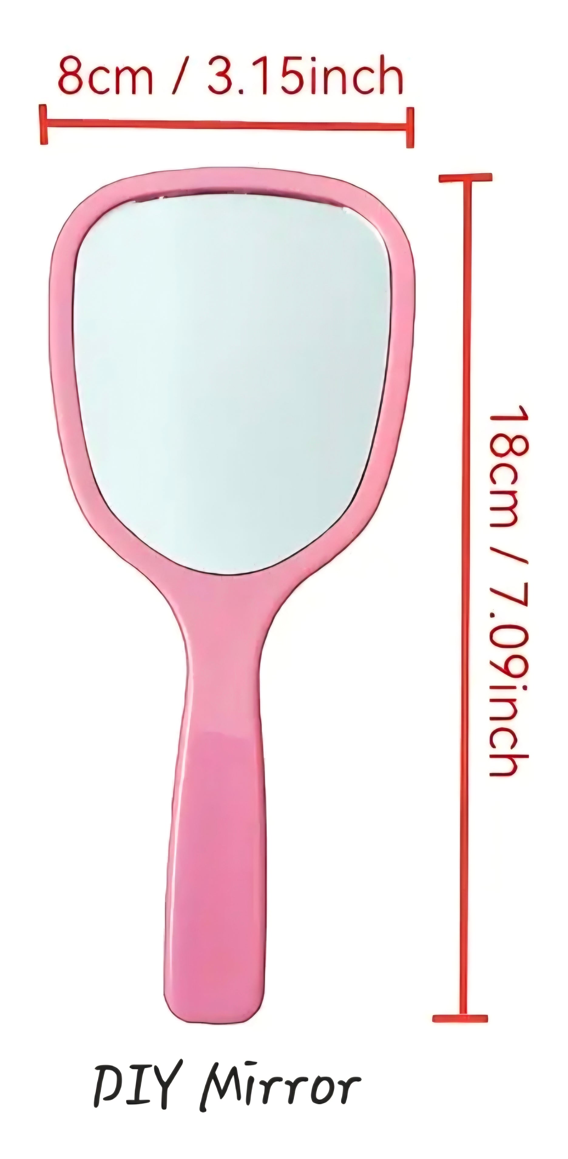 Pink handheld mirror with measurements on a white background