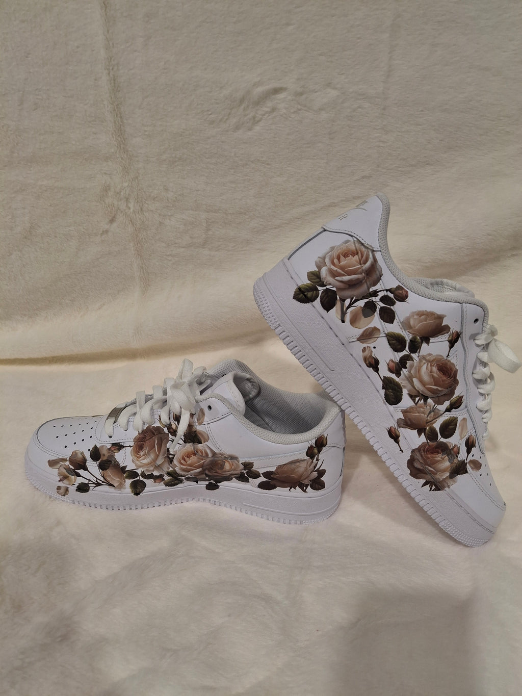 Custom white graphic Air Force One kids sneakers with floral graphic design by Dressed and Done