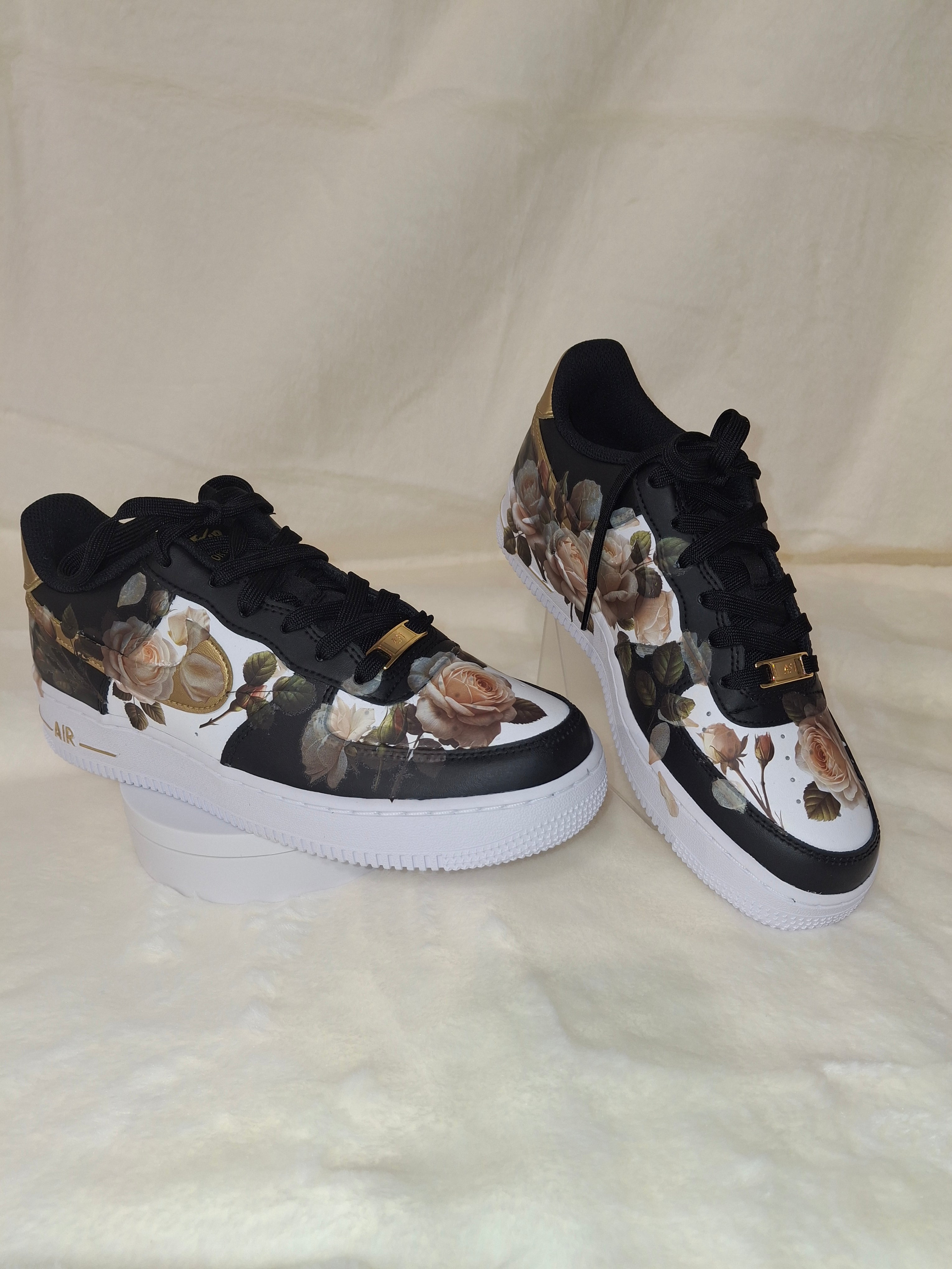 Custom floral rose Nike Air Force 1 black kids sneakers handcrafted by Dressed and Done